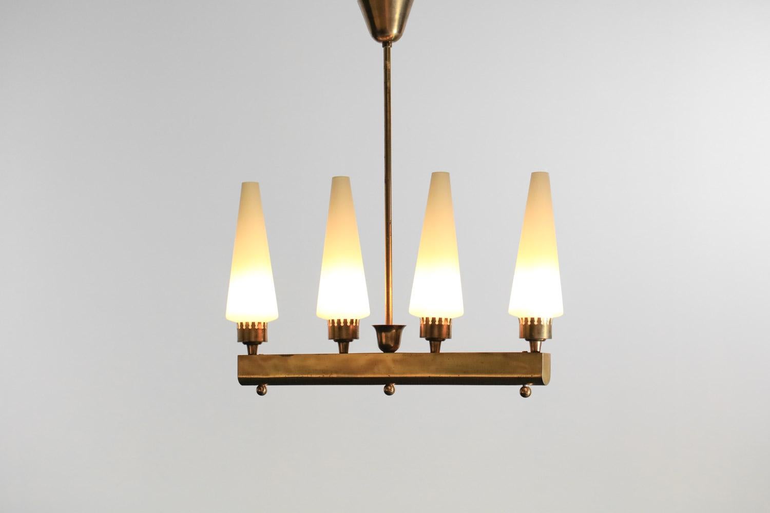 Italian brass chandelier from the 40's or 50's glass 4 cones  For Sale 3