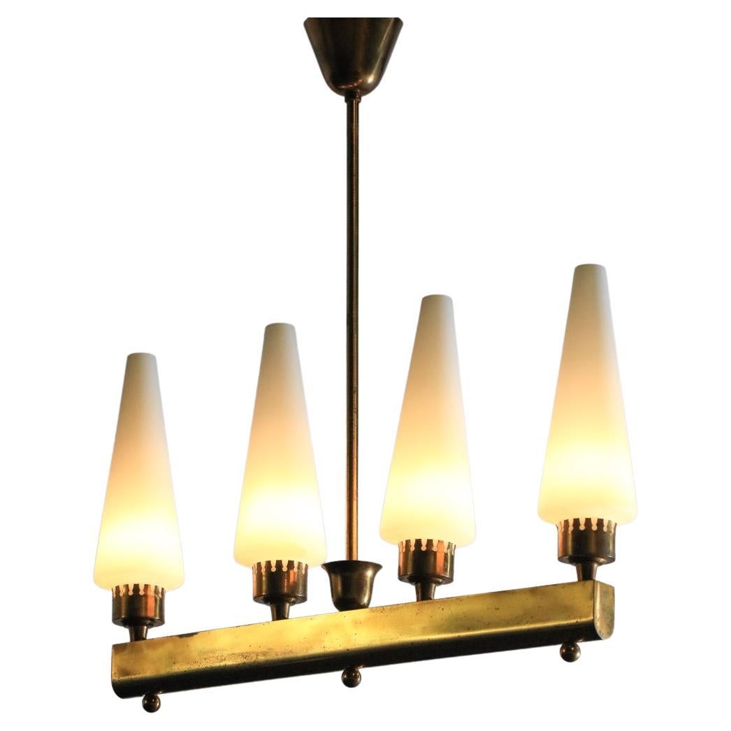 Italian brass chandelier from the 40's or 50's glass 4 cones  For Sale