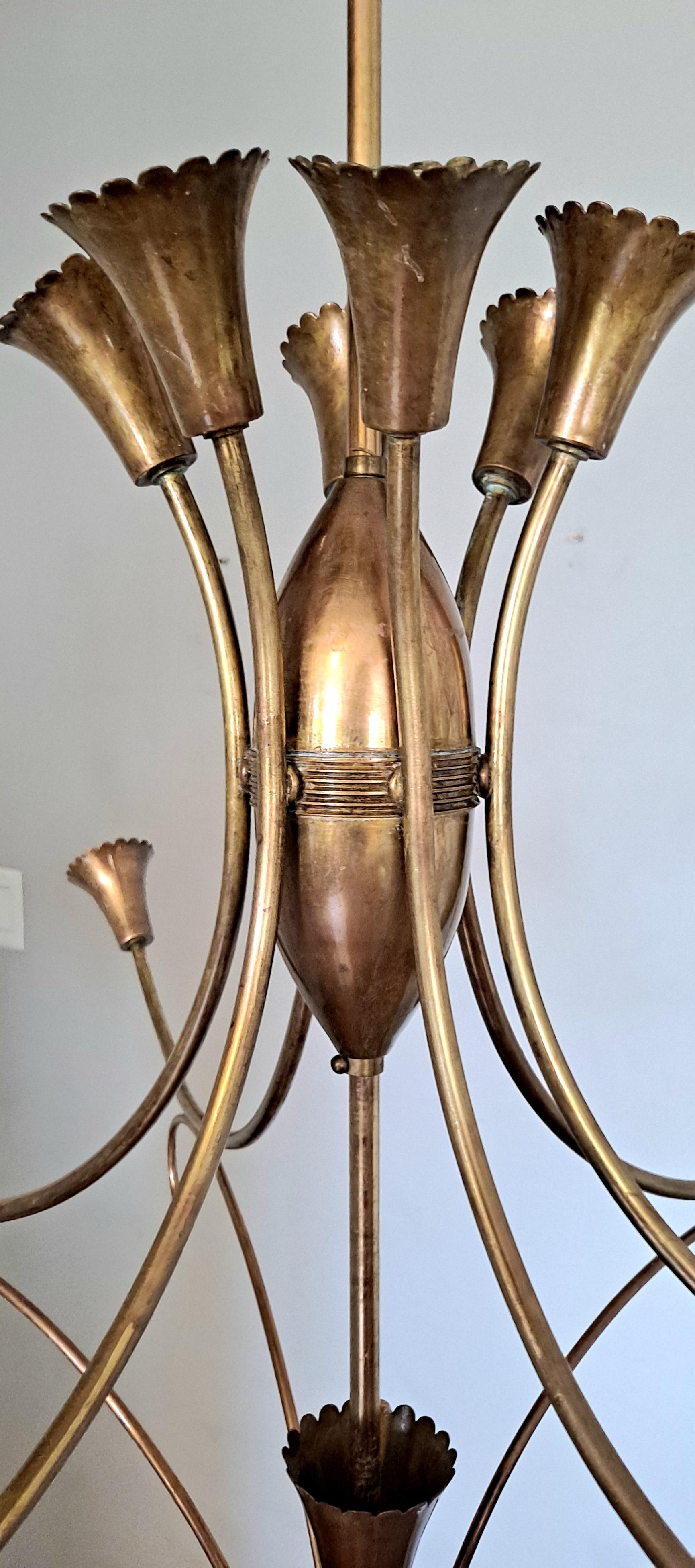 Mid-Century Modern  Italian Brass Chandelier in  style of Pietro Chiesa For Sale