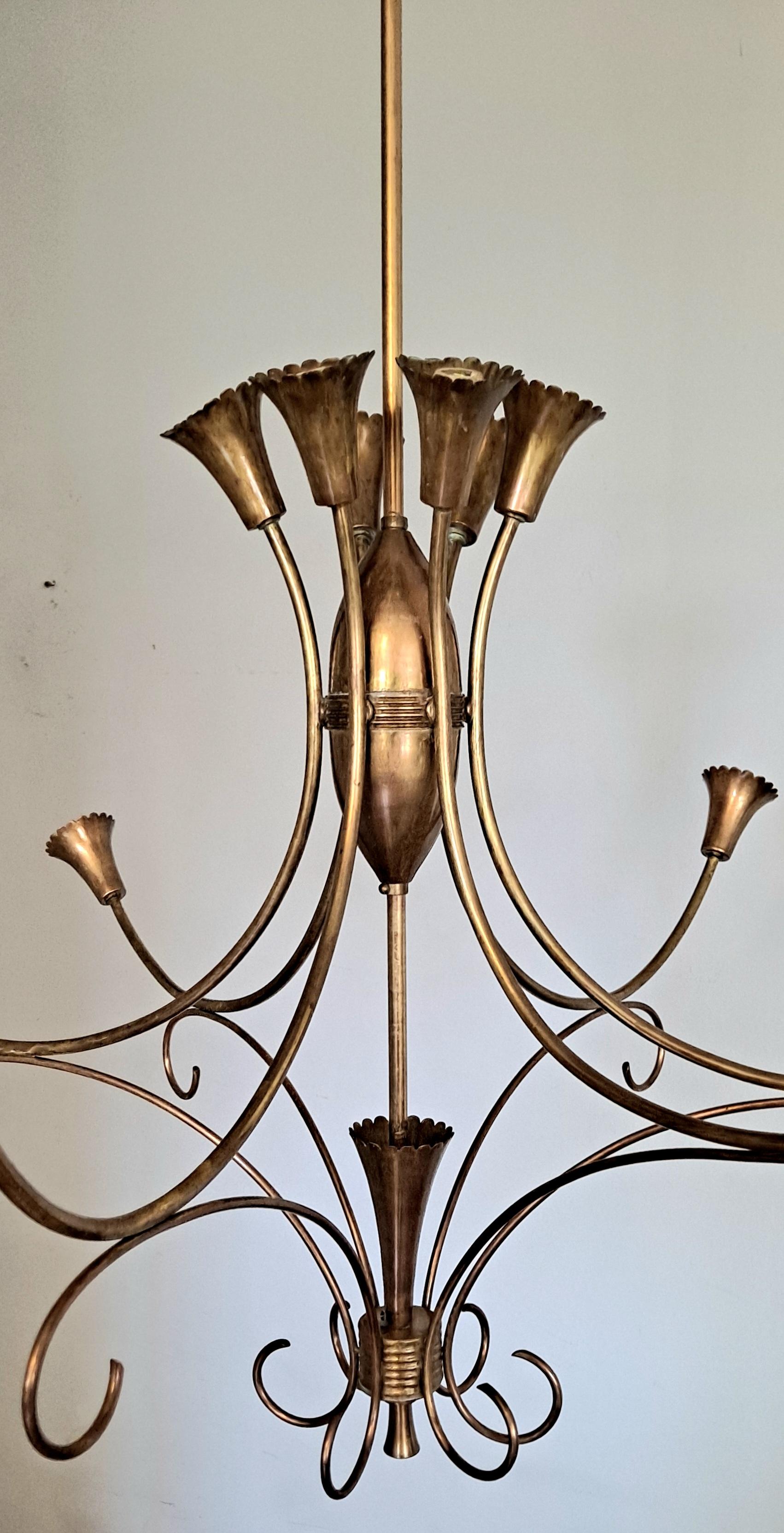 Mid-20th Century  Italian Brass Chandelier in  style of Pietro Chiesa For Sale