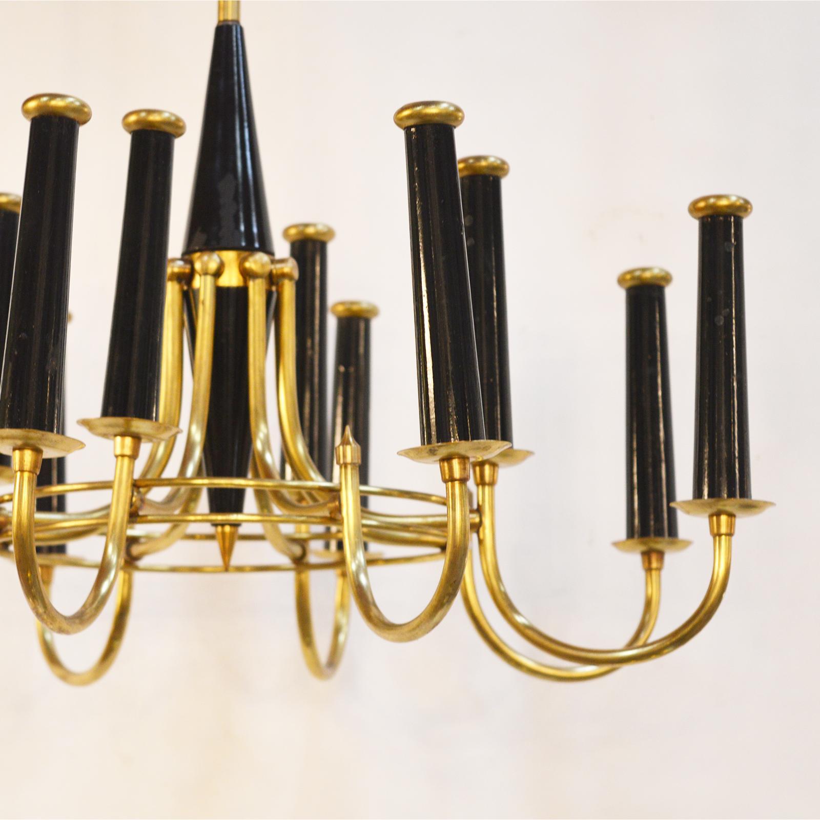 Italian brass chandelier, in the style of Stilnovo, 1950s.