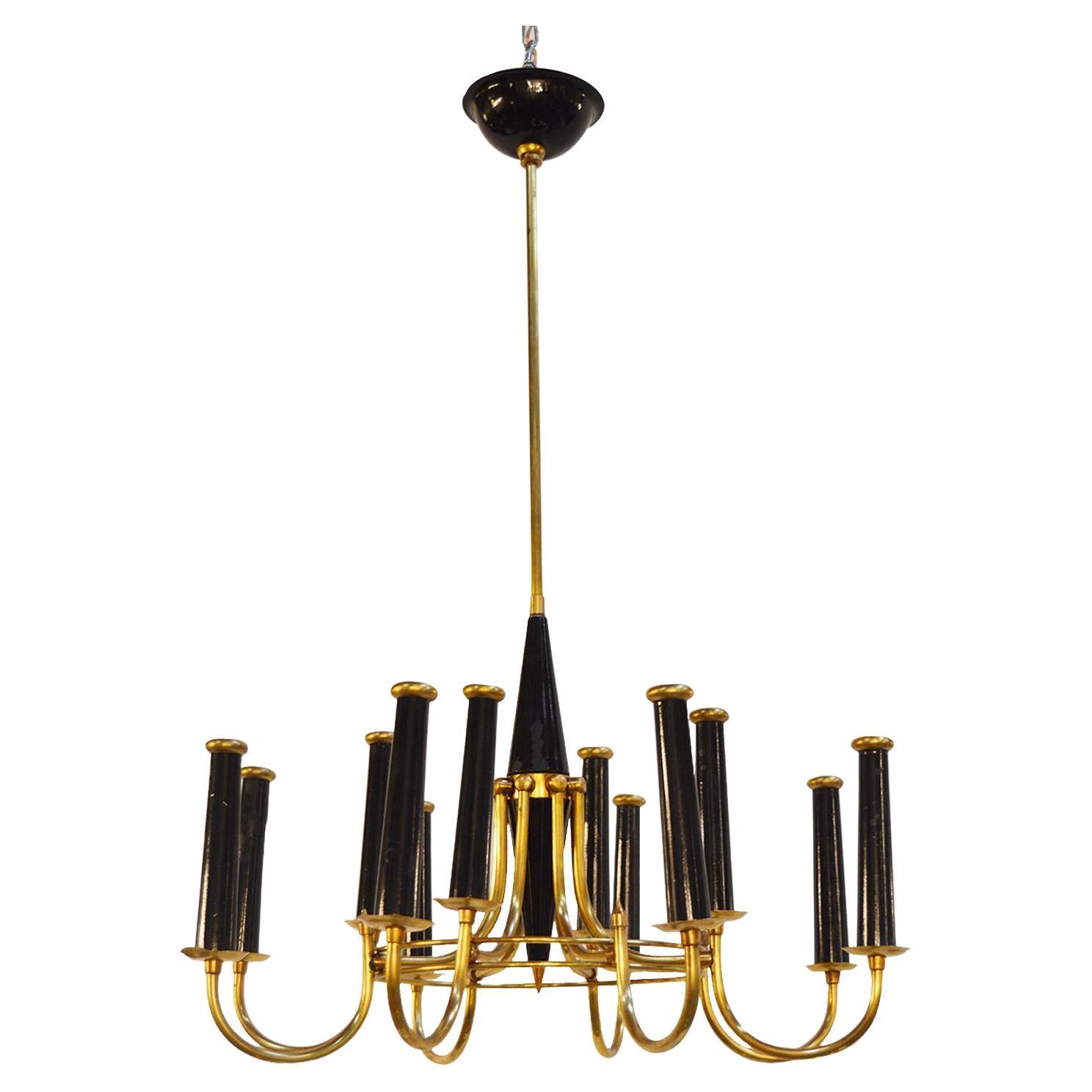 Italian Brass Chandelier, in the Style of Stilnovo, 1950s For Sale