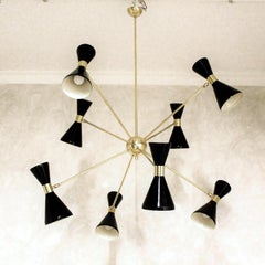 Italian Brass Chandelier with Eight Arms and Adjustable Diabolo Black Shades