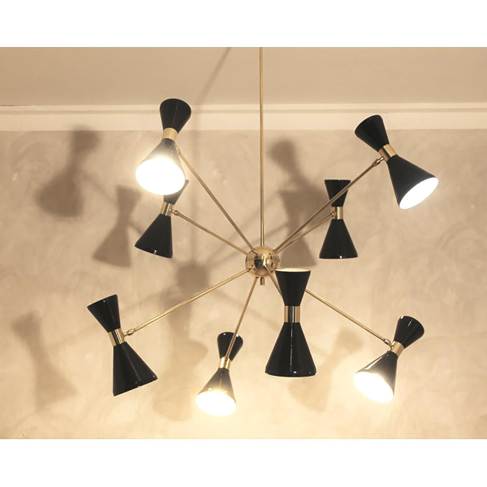 Mid-Century Modern Italian Brass Chandelier with Eight Arms and Adjustable Diabolo Black Shades For Sale