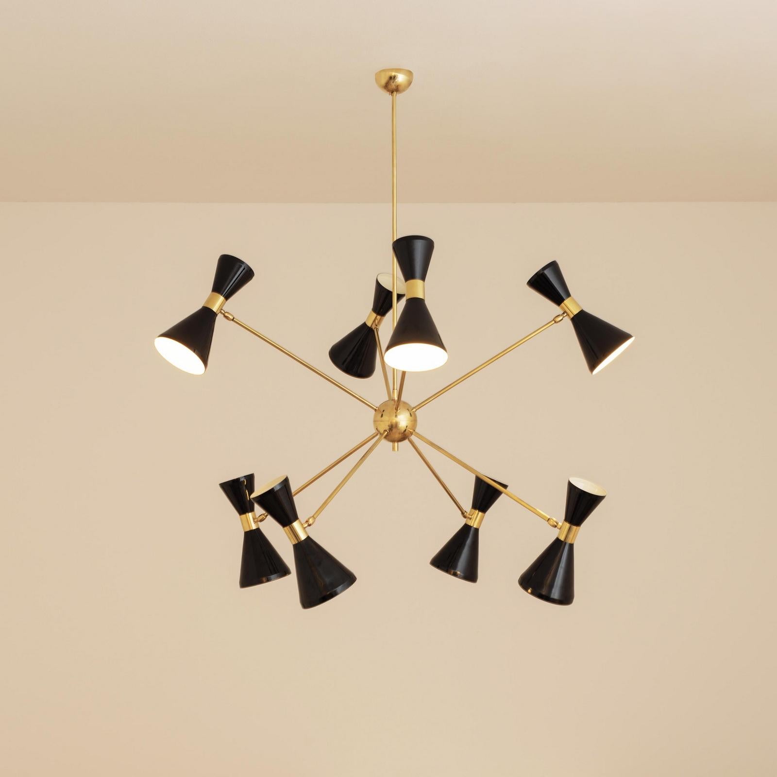 Italian Brass Chandelier with Eight Arms and Adjustable Diabolo Black Shades In New Condition For Sale In Bochum, NRW