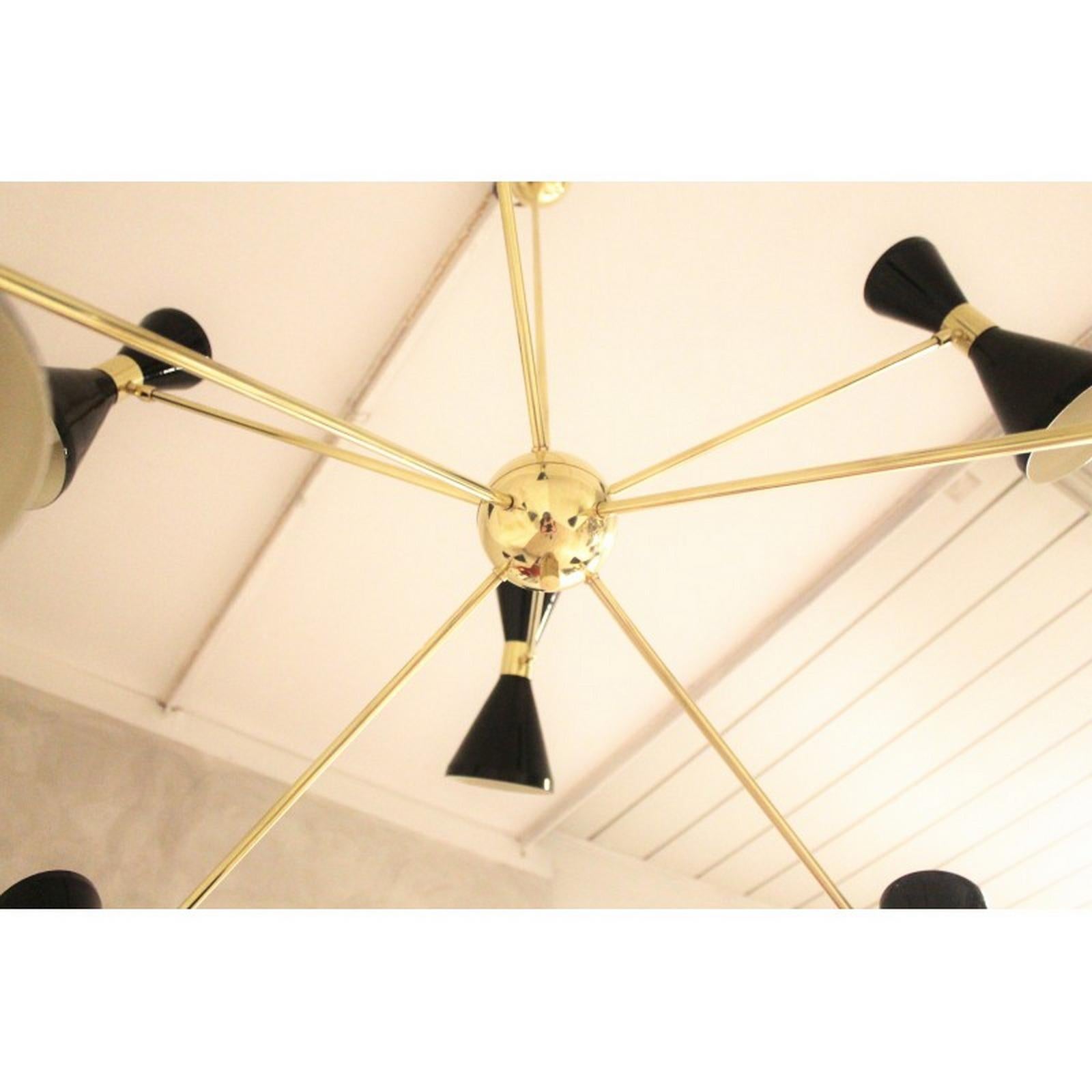 Metal Italian Brass Chandelier with Eight Arms and Adjustable Diabolo Black Shades For Sale