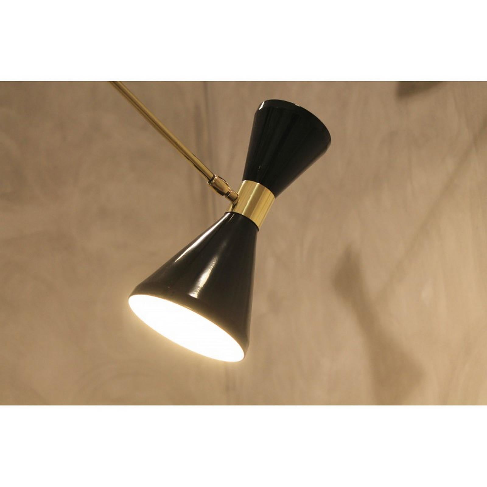 Italian Brass Chandelier with Eight Arms and Adjustable Diabolo Black Shades For Sale 1