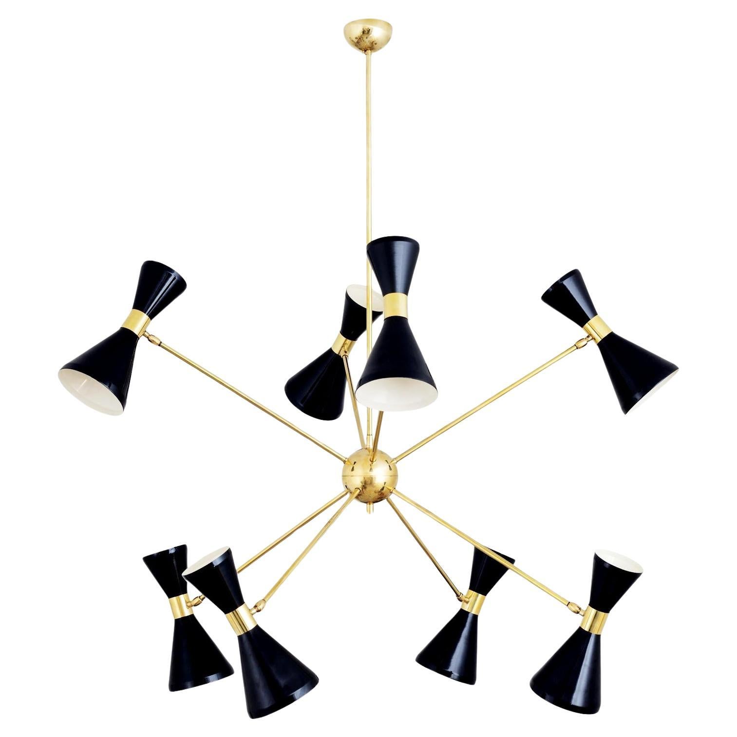 Italian Brass Chandelier with Eight Arms and Adjustable Diabolo Black Shades For Sale