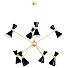 Italian Brass Chandelier with Eight Arms and Adjustable Diabolo Black Shades