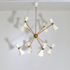 Italian Brass Chandelier with Eight Arms and Adjustable Diabolo Ivory Shades
