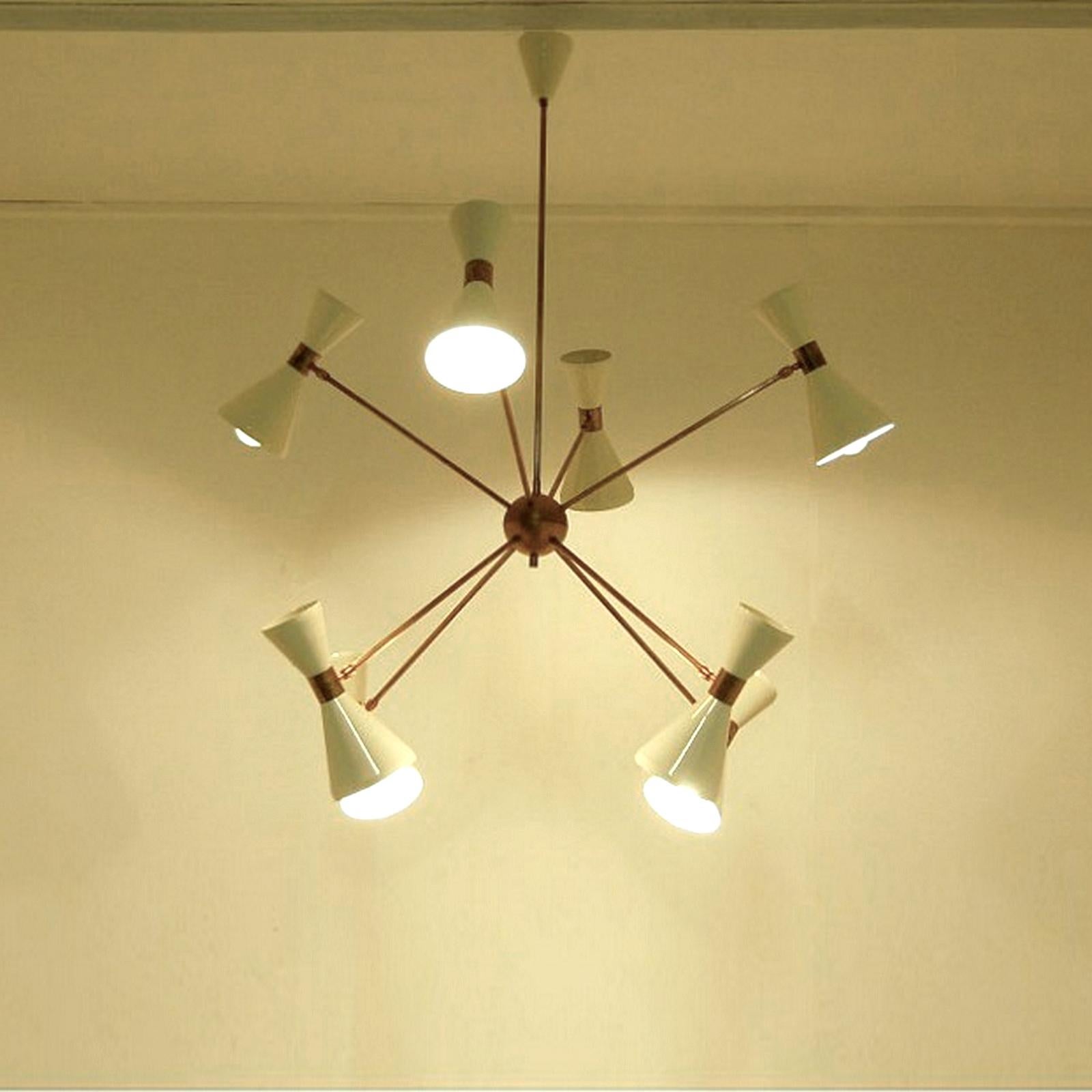 Mid-Century Modern Italian Brass Chandelier with Eight Arms and Adjustable Diabolo Ivory Shades For Sale