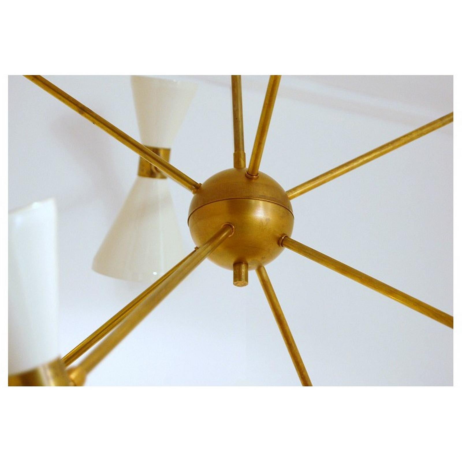 Lacquered Italian Brass Chandelier with Eight Arms and Adjustable Diabolo Ivory Shades For Sale