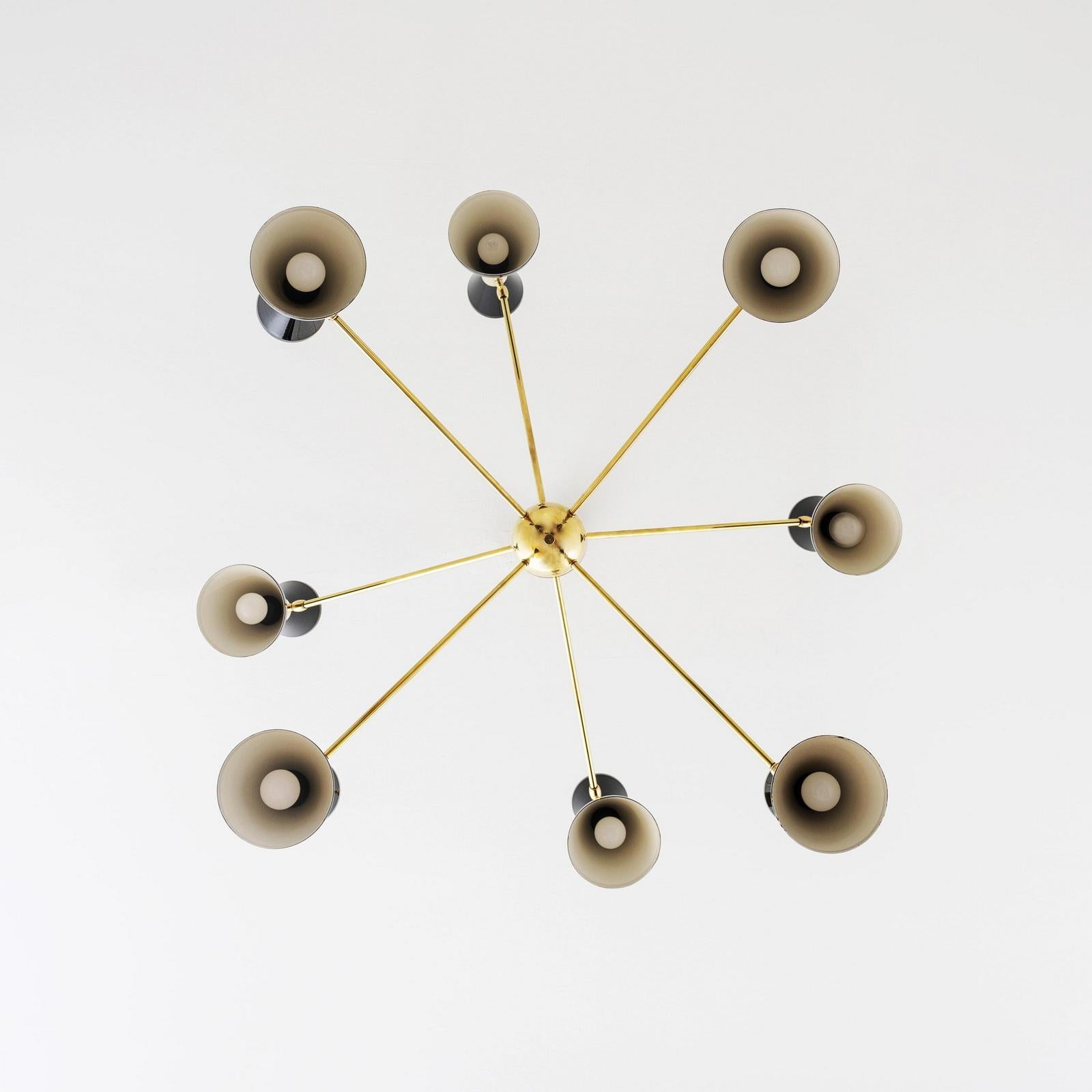 Metal Italian Brass Chandelier with Eight Arms and Adjustable Diabolo Ivory Shades For Sale