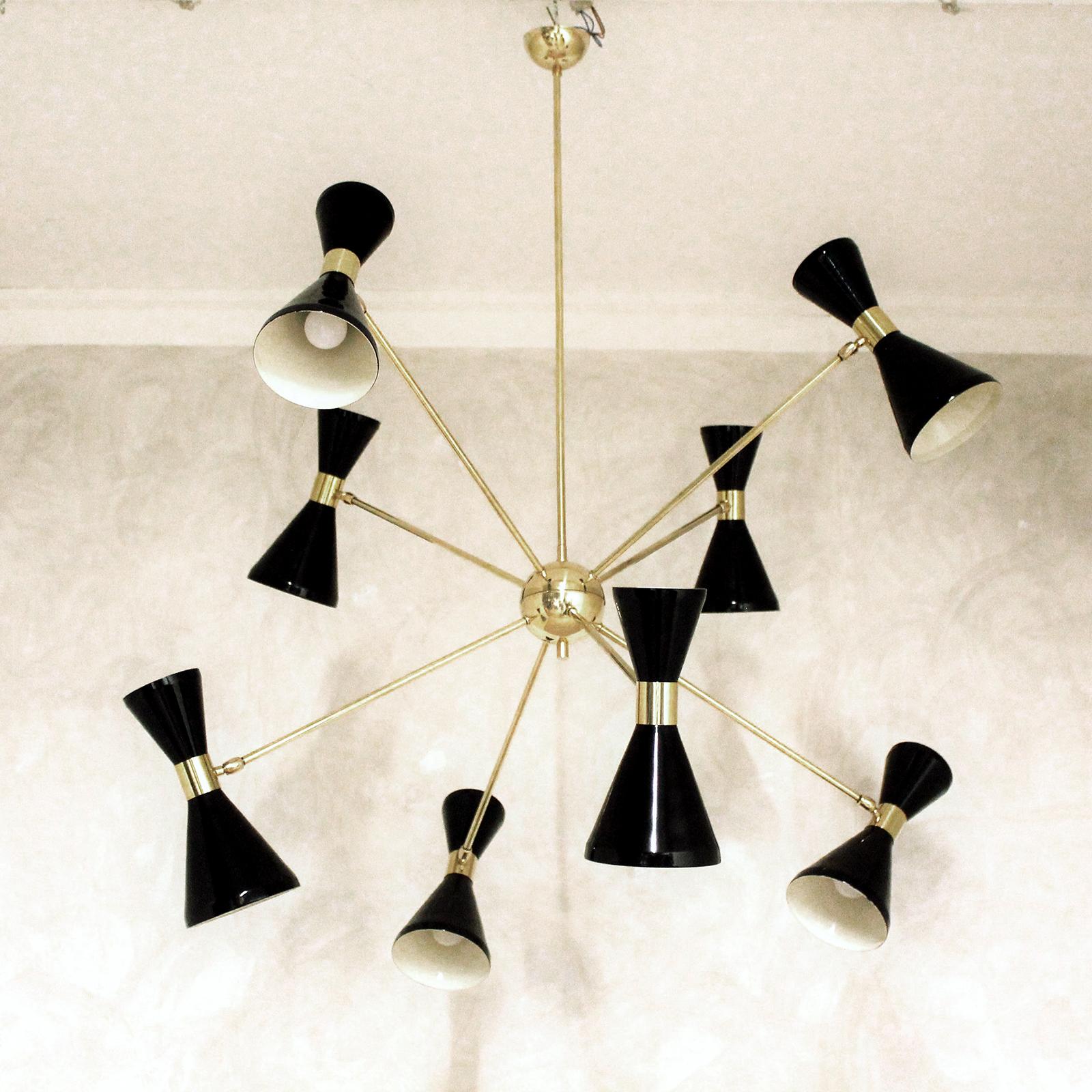Italian Brass Chandelier with Eight Arms and Adjustable Diabolo Ivory Shades For Sale 1