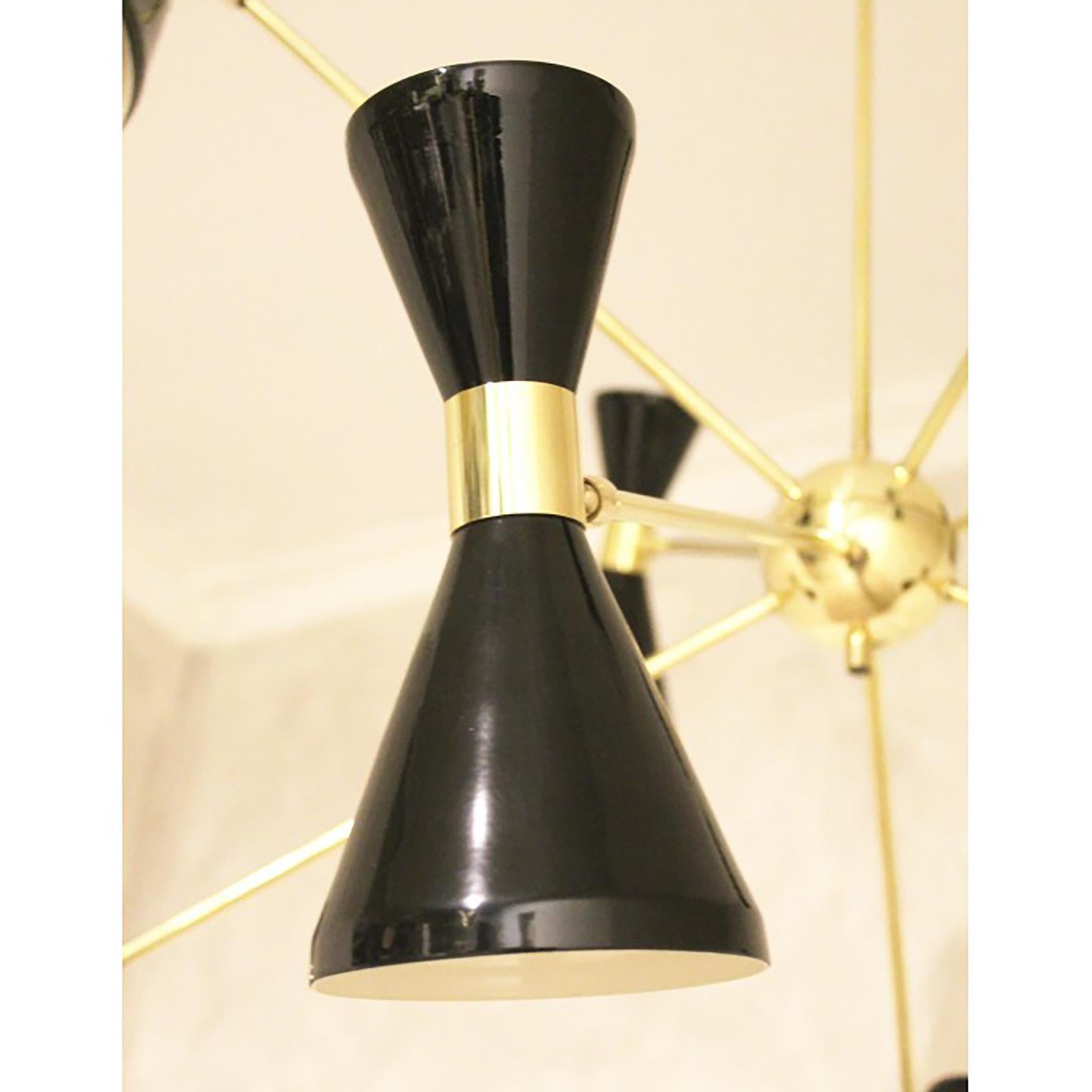 Italian Brass Chandelier with Eight Arms and Adjustable Diabolo Ivory Shades For Sale 2