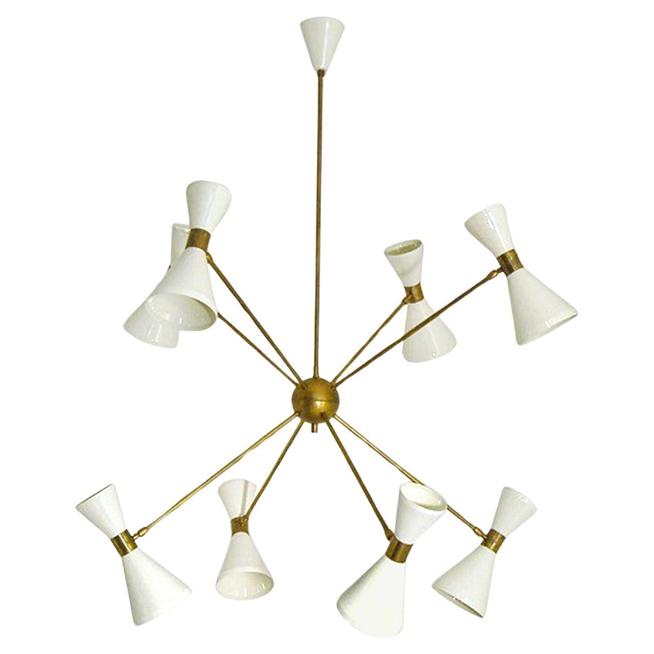 Italian Brass Chandelier with Eight Arms and Adjustable Diabolo Ivory Shades