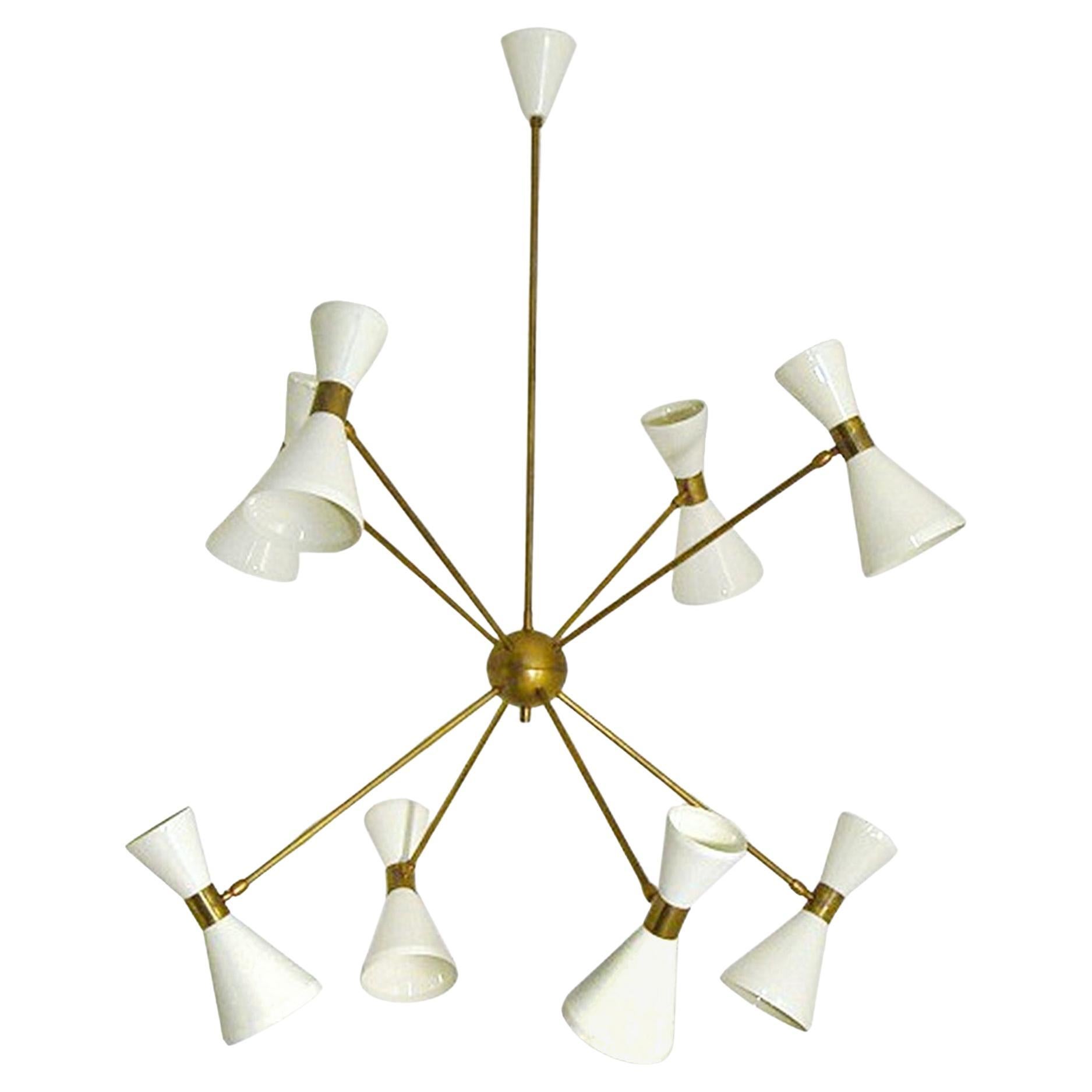 Lampadario italiano in ottone con otto bracci e paralumi regolabili in Diabolo avorio