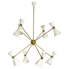 Italian Brass Chandelier with Eight Arms and Adjustable Diabolo Ivory Shades
