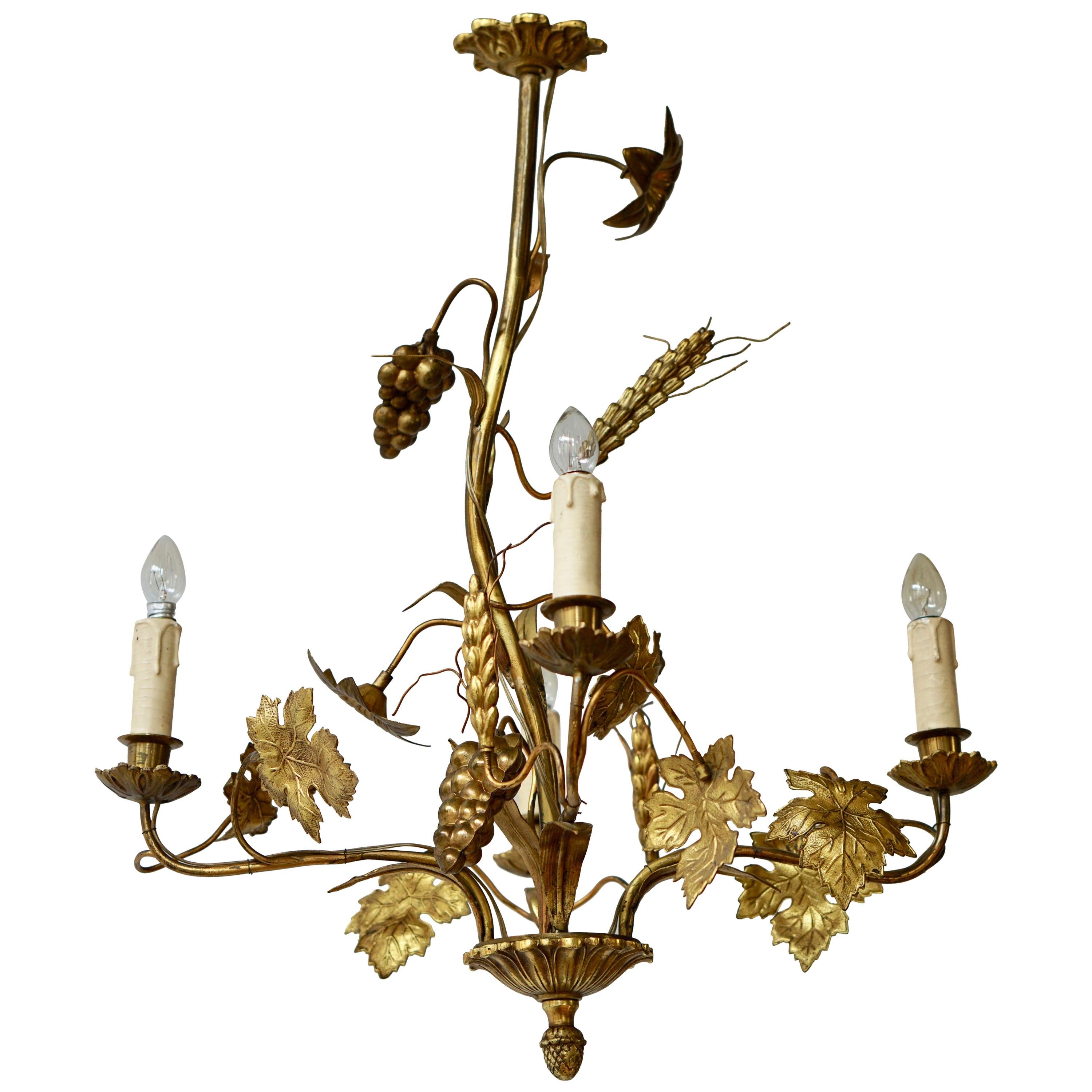 Italian Brass Chandelier with Flowers