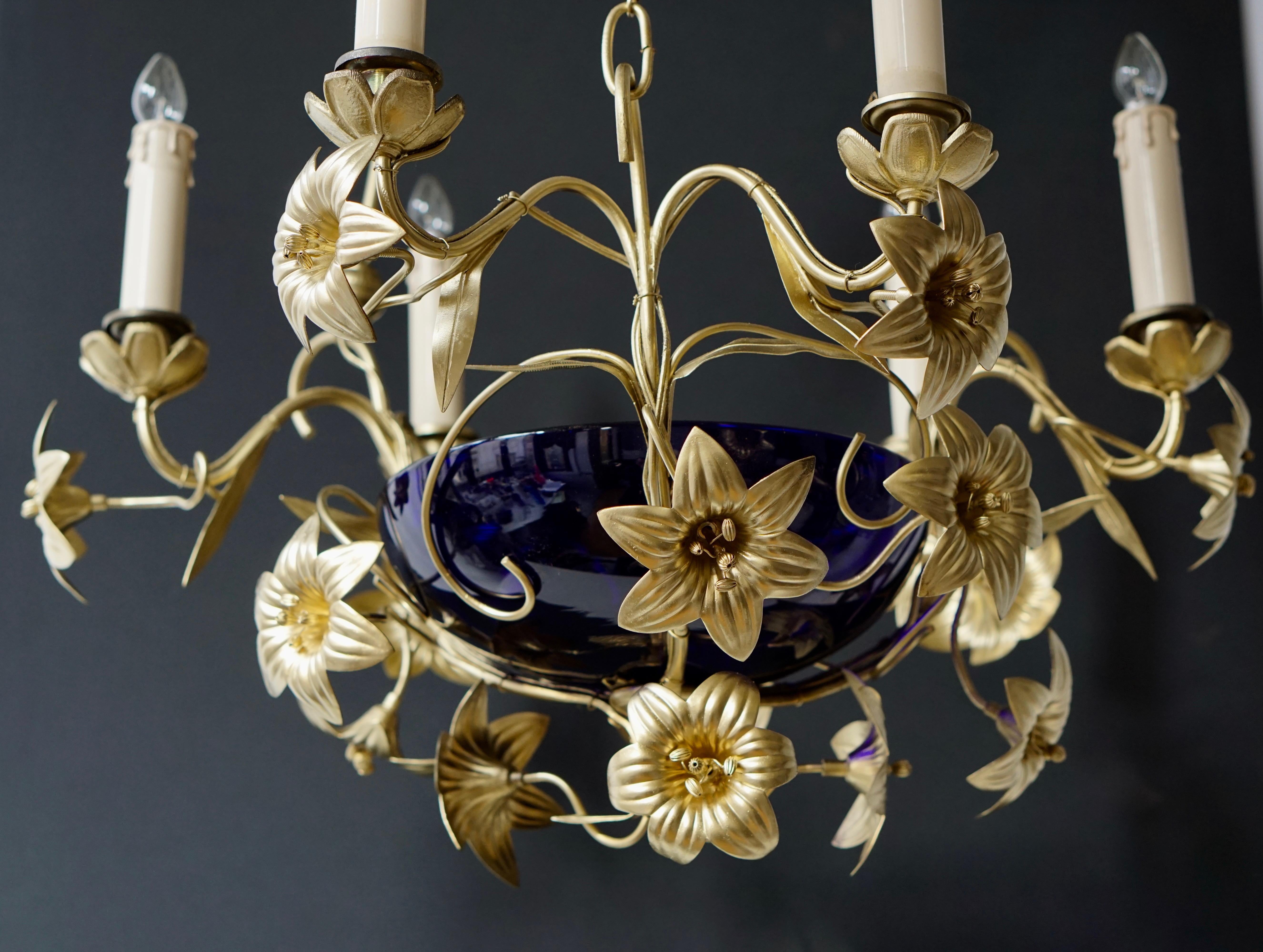 Italian Brass Chandelier with Lilies and Cranberry Glass For Sale 3