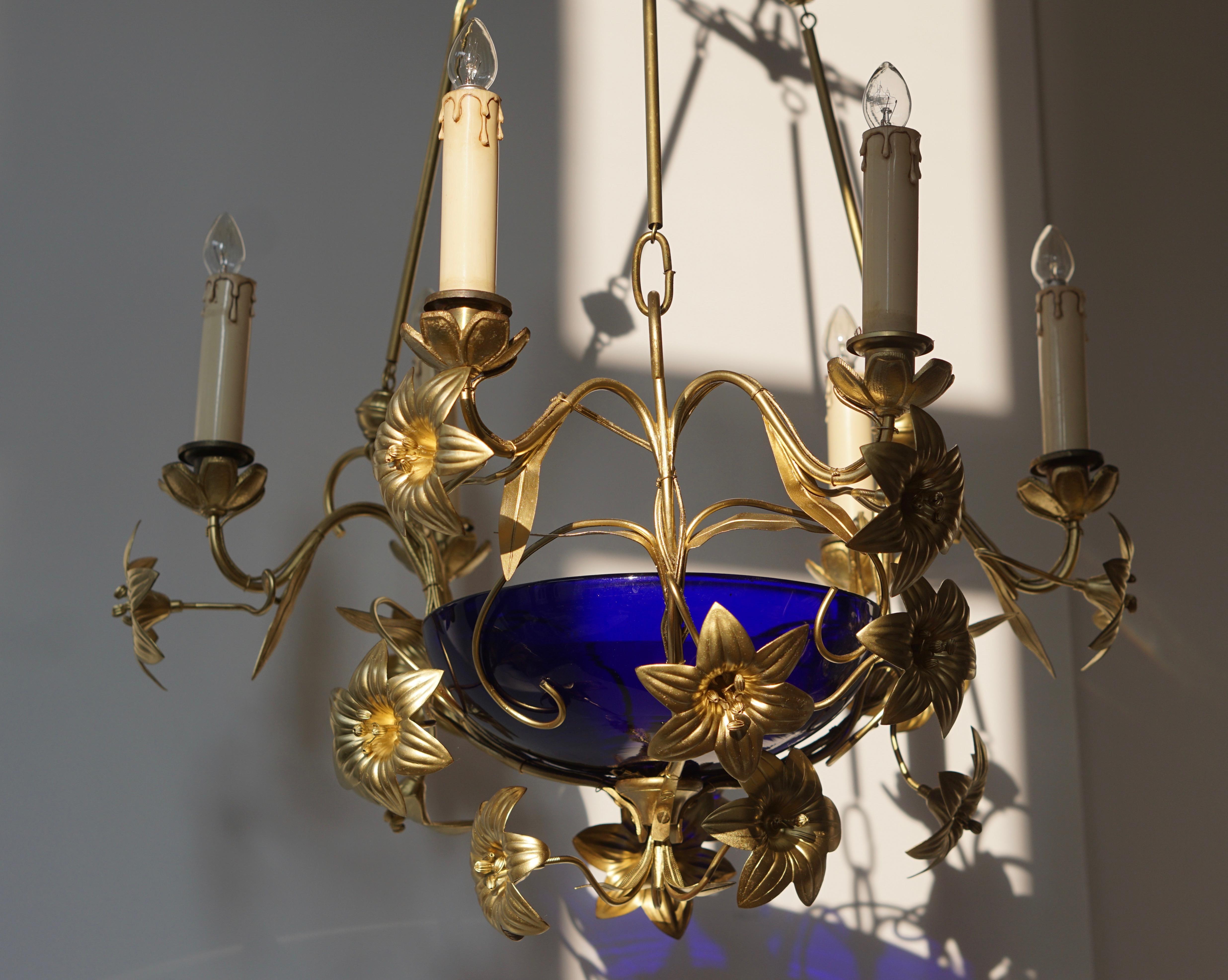 Italian Brass Chandelier with Lilies and Cranberry Glass For Sale 5