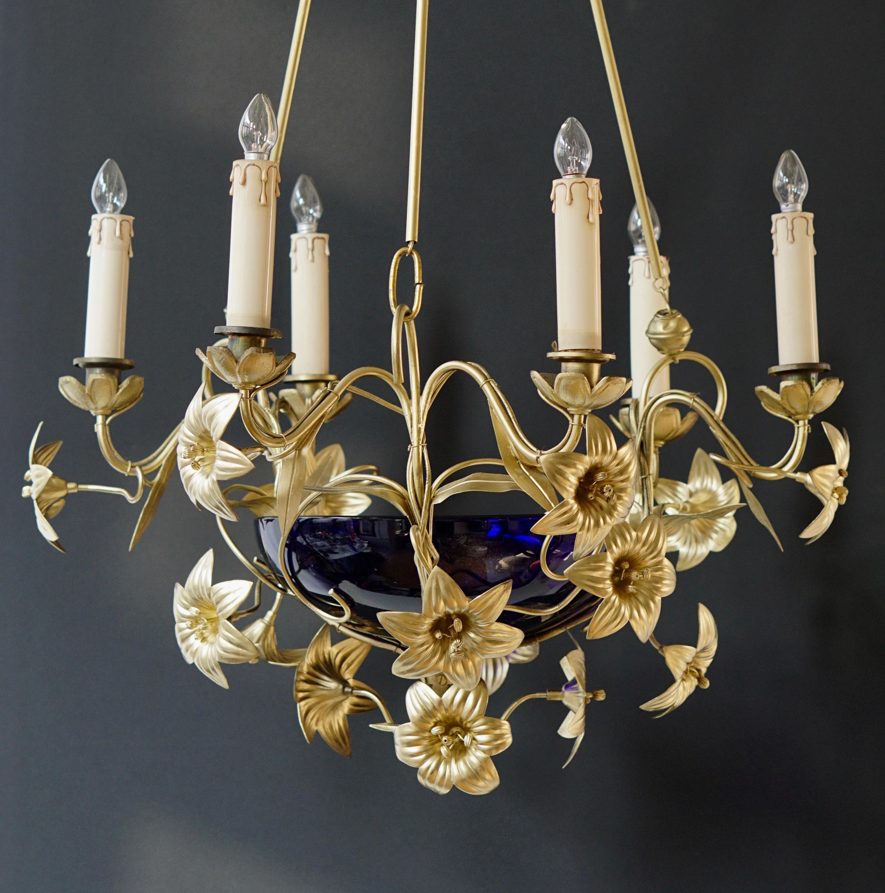 Italian Brass Chandelier with Lilies and Cranberry Glass For Sale 7