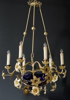 Italian Brass Chandelier with Lilies and Cranberry Glass