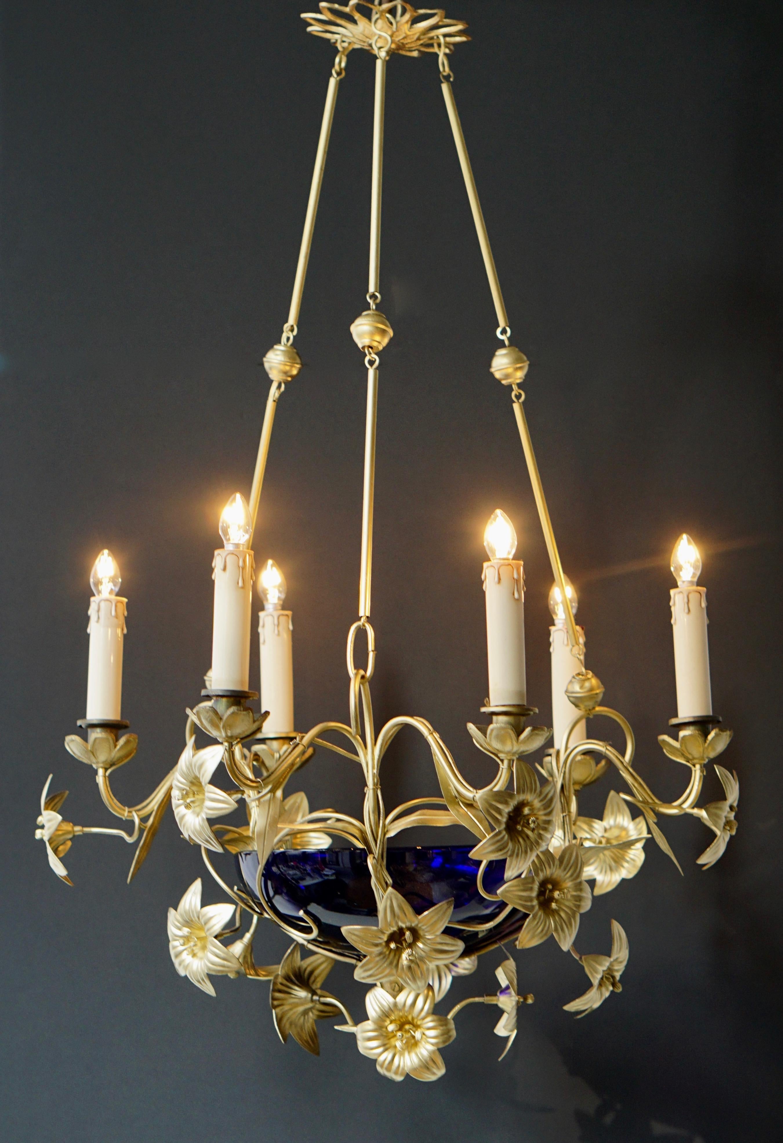 Art Nouveau Italian Brass Chandelier with Lilies and Cranberry Glass For Sale