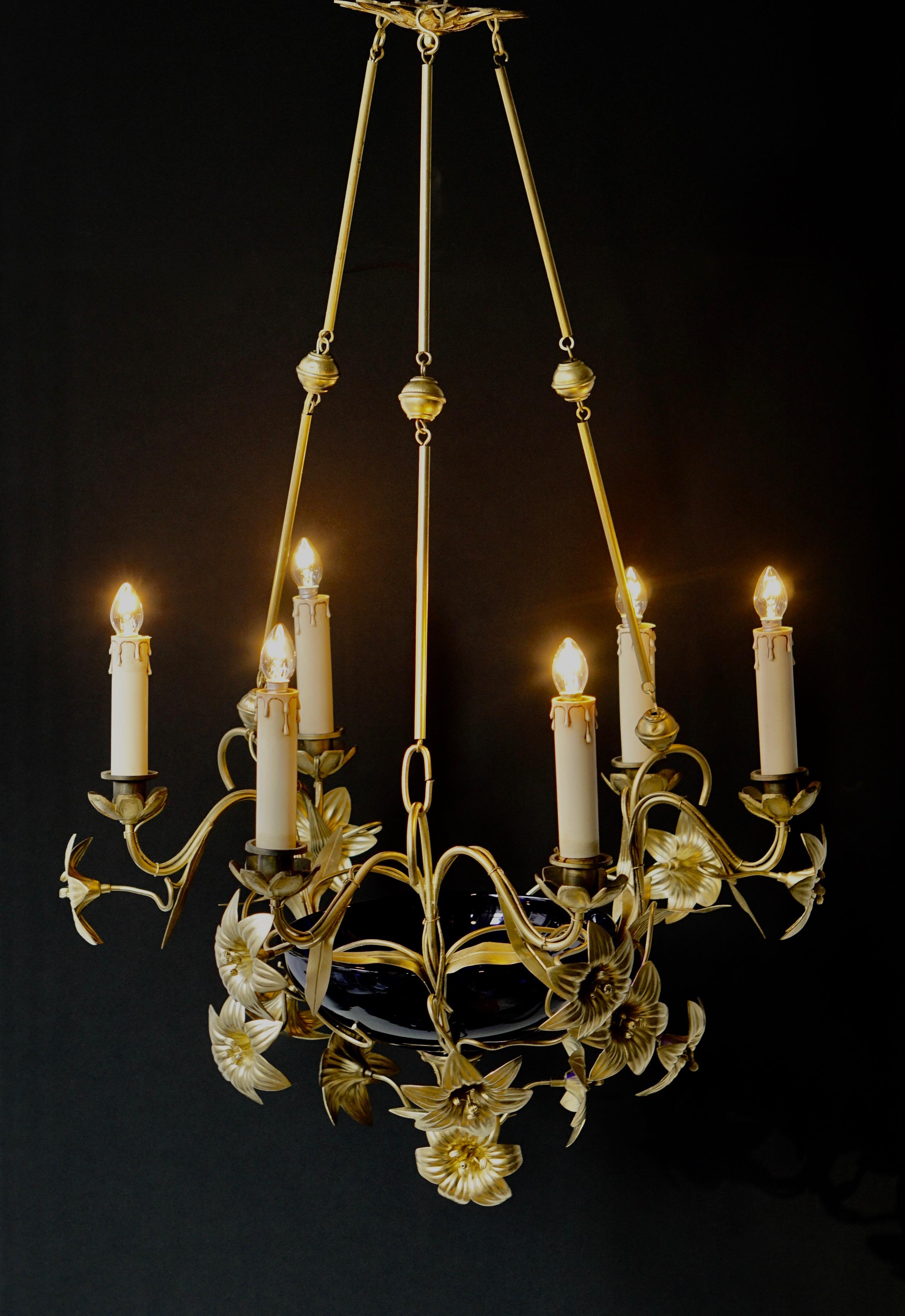 Gilt Italian Brass Chandelier with Lilies and Cranberry Glass For Sale