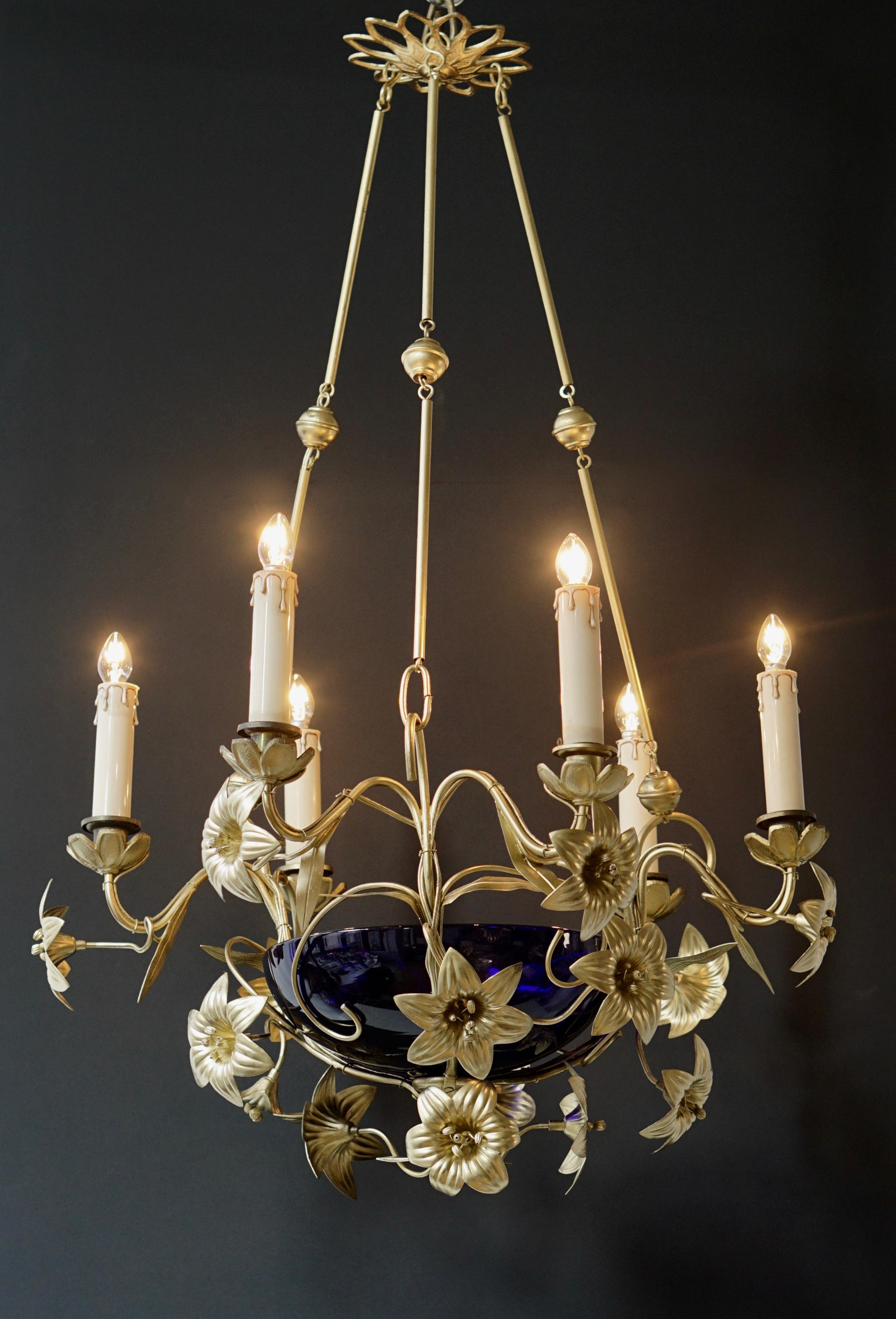 Italian Brass Chandelier with Lilies and Cranberry Glass For Sale 1