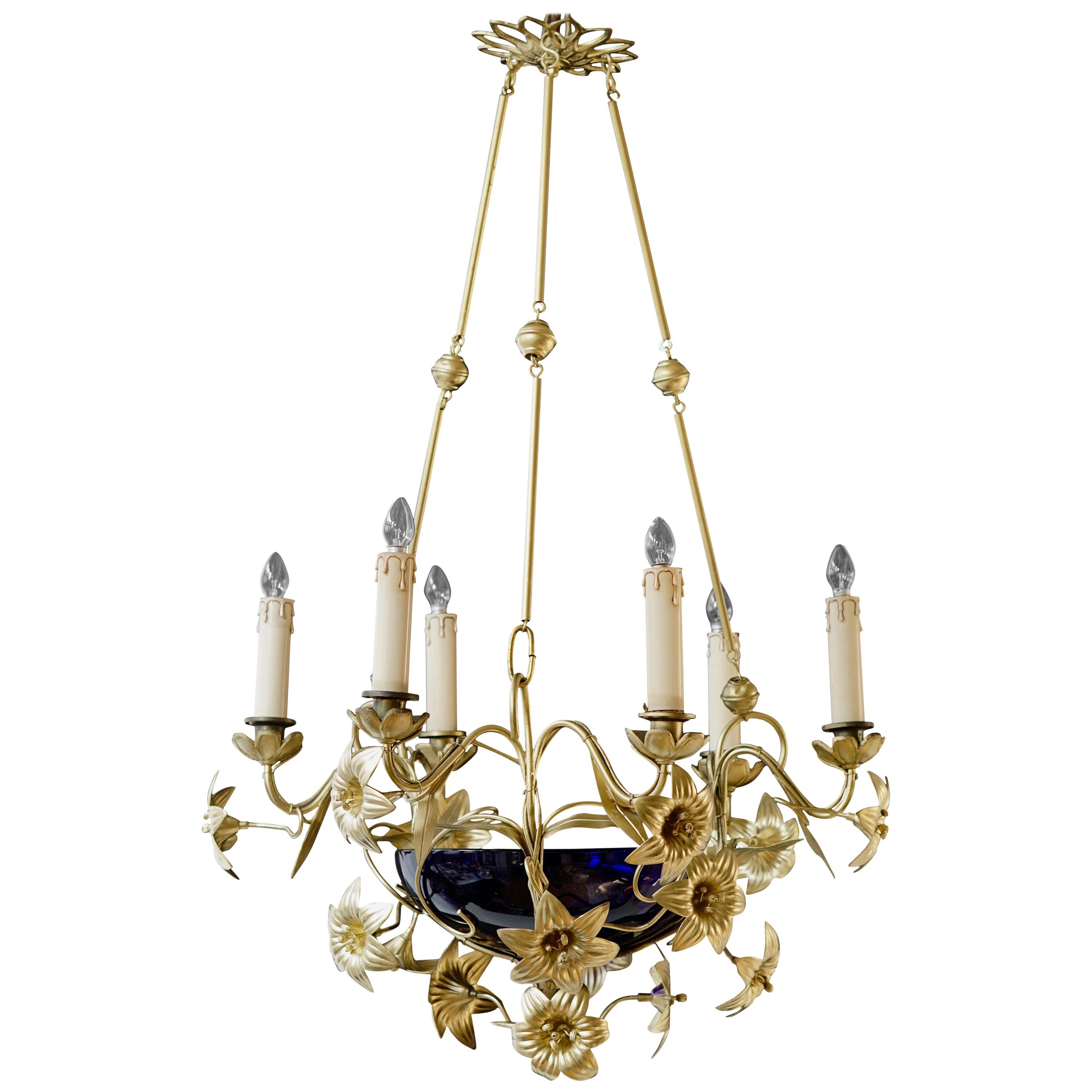 Italian Brass Chandelier with Lilies and Cranberry Glass