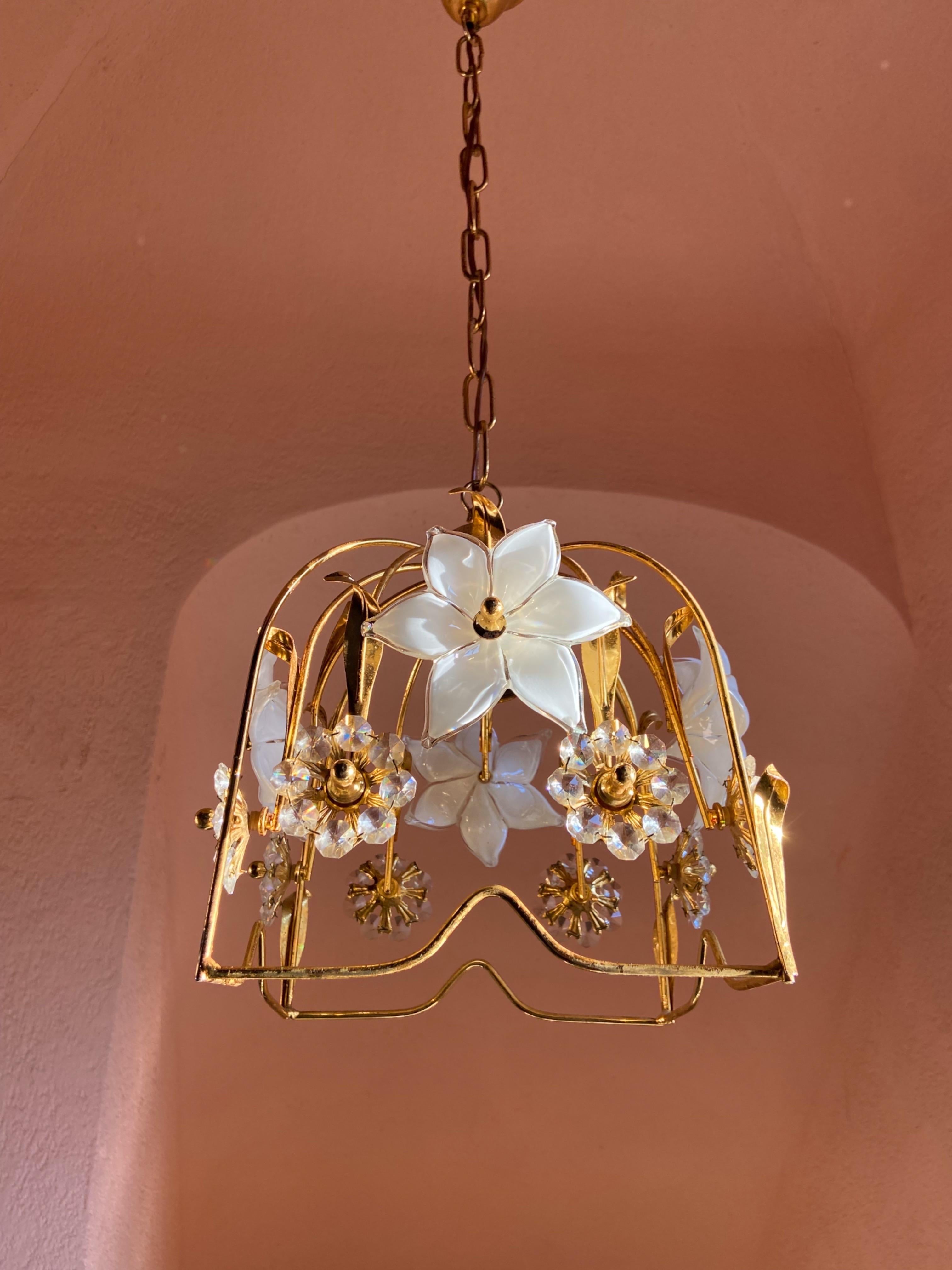 Italian Brass Chandelier with Murano Glass Flowers and Crystals In Good Condition For Sale In Palermo, PA