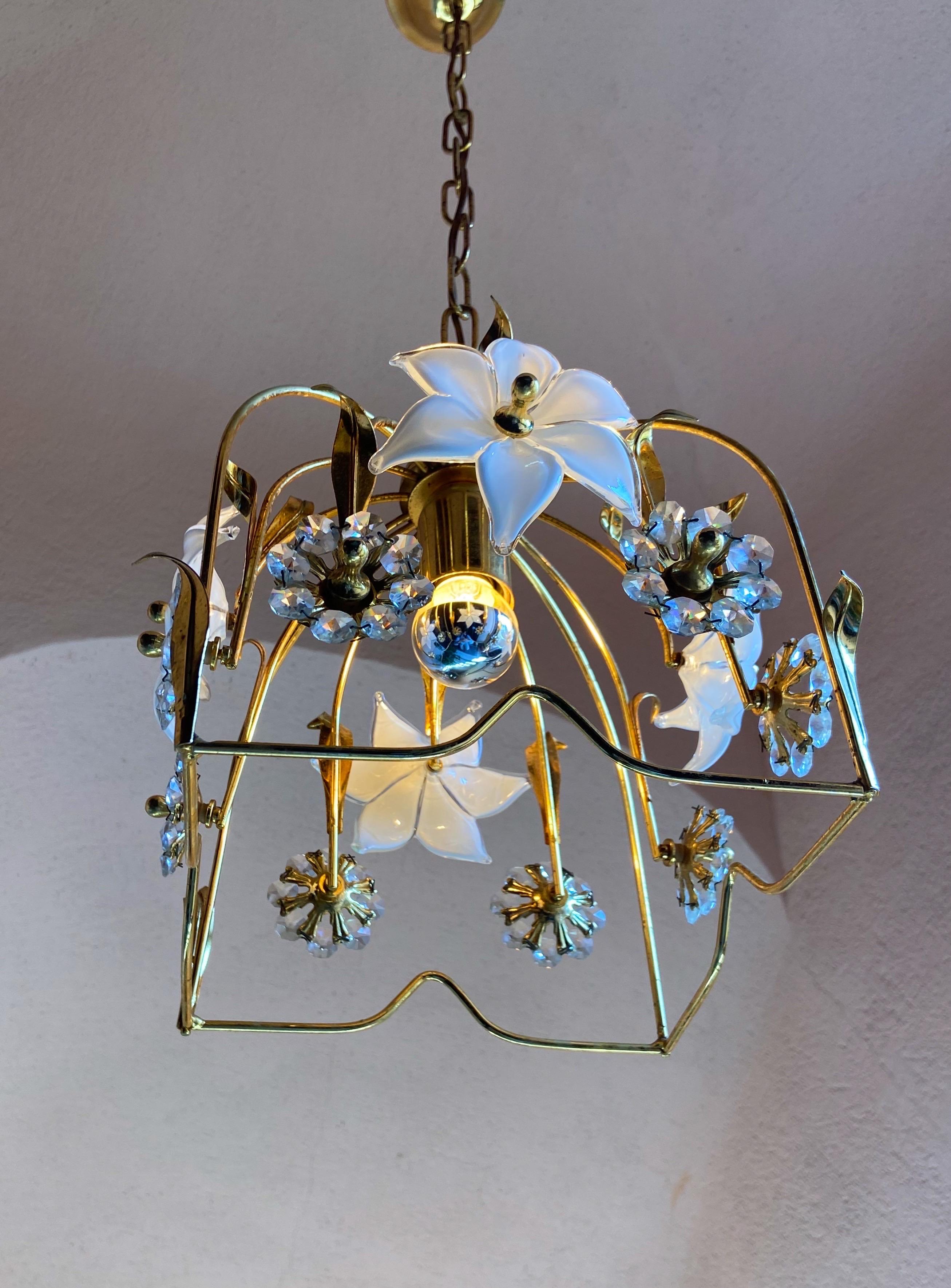 Metal Italian Brass Chandelier with Murano Glass Flowers and Crystals For Sale