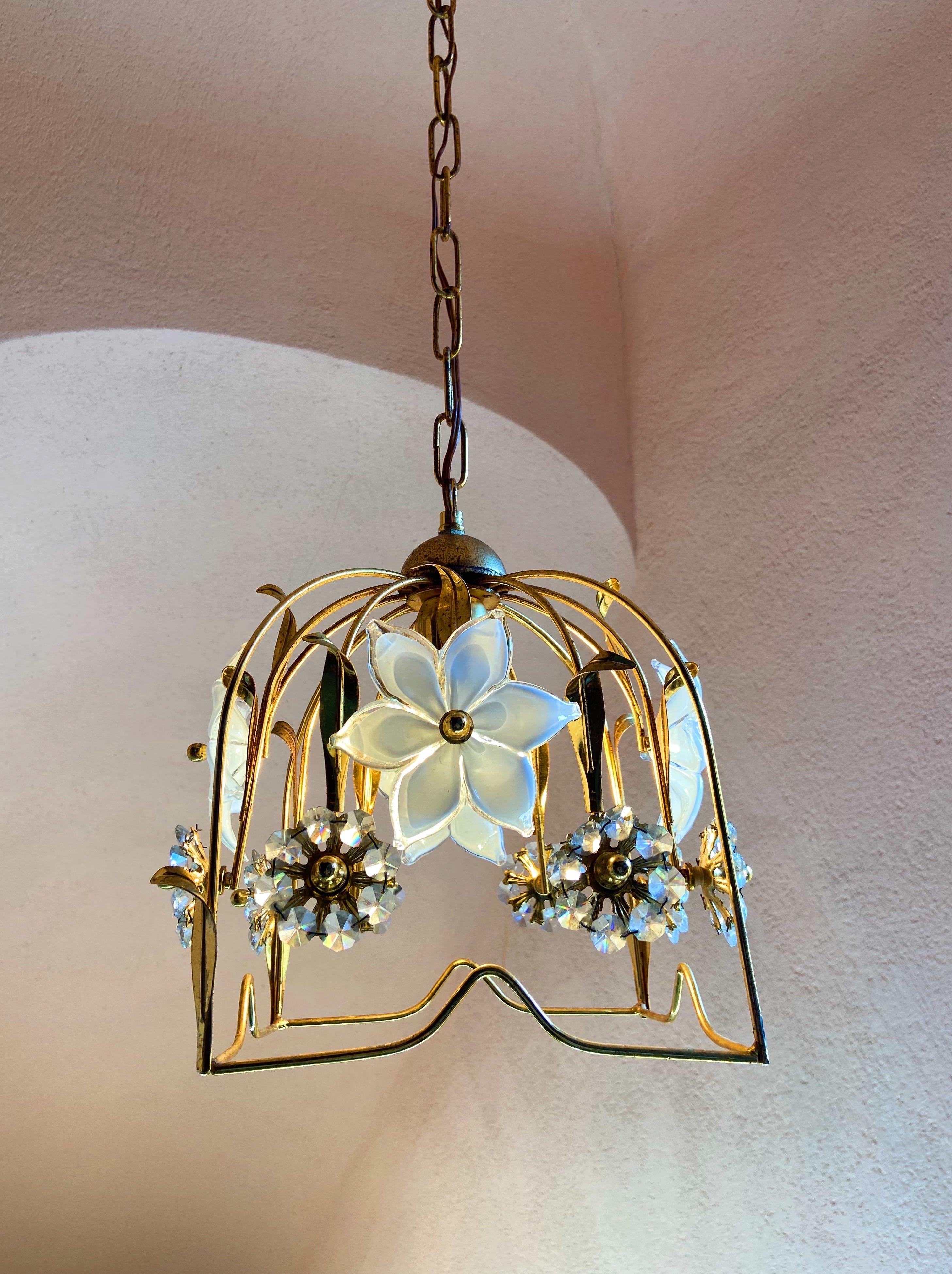 Italian Brass Chandelier with Murano Glass Flowers and Crystals For Sale 1
