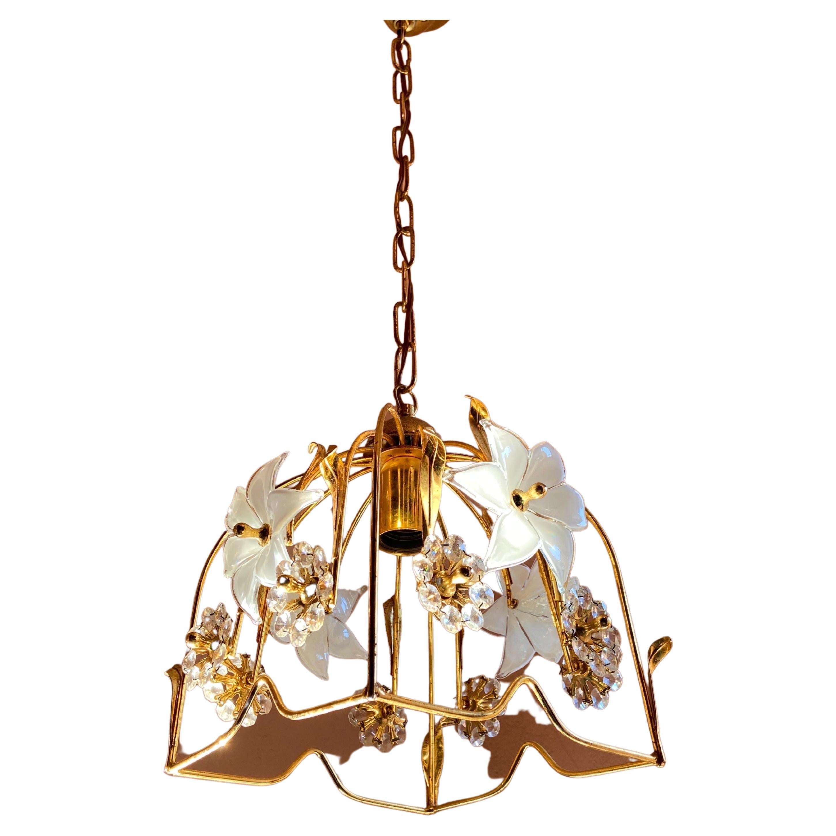 Italian Brass Chandelier with Murano Glass Flowers and Crystals For Sale