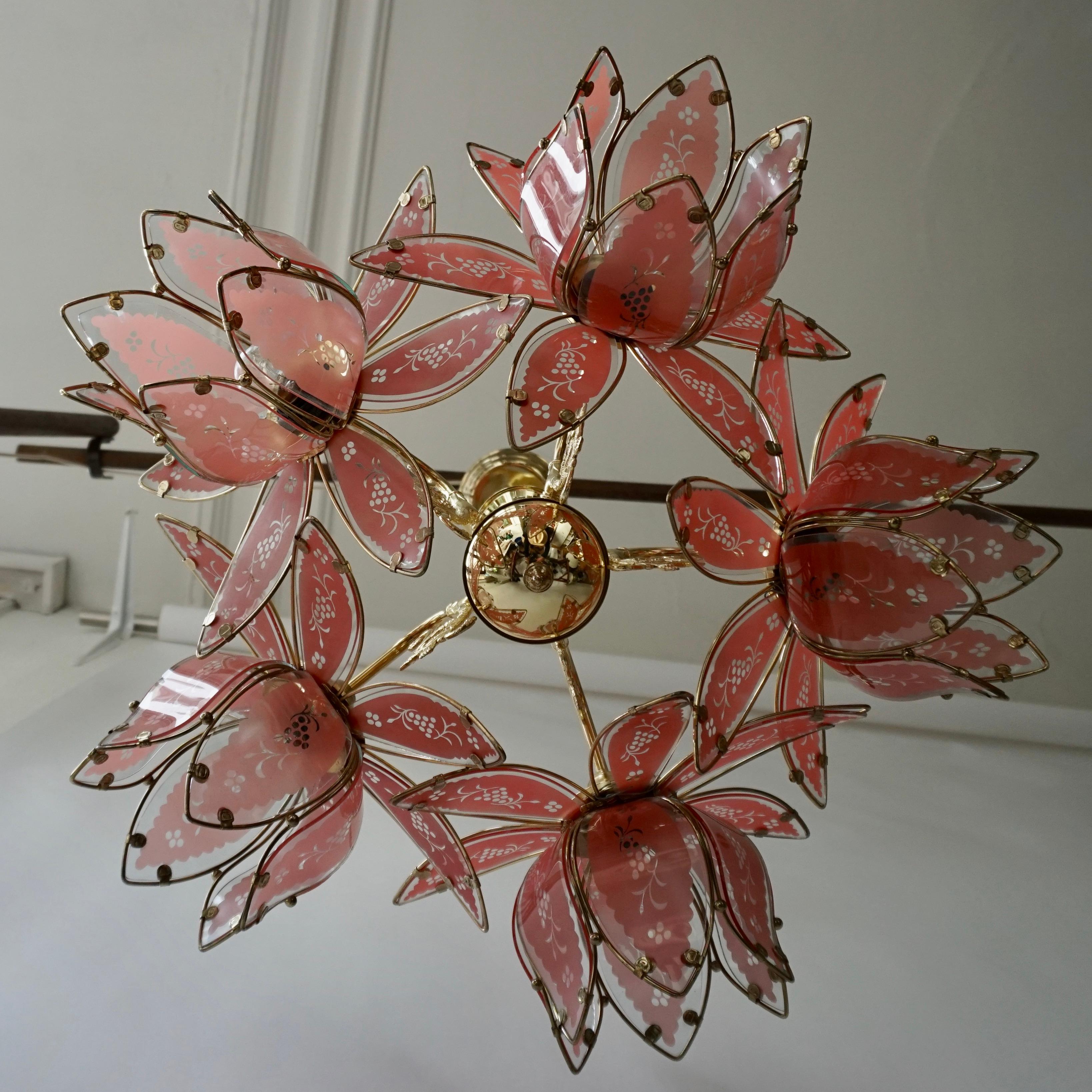 Italian Brass Chandelier with Murano Glass Flowers 8