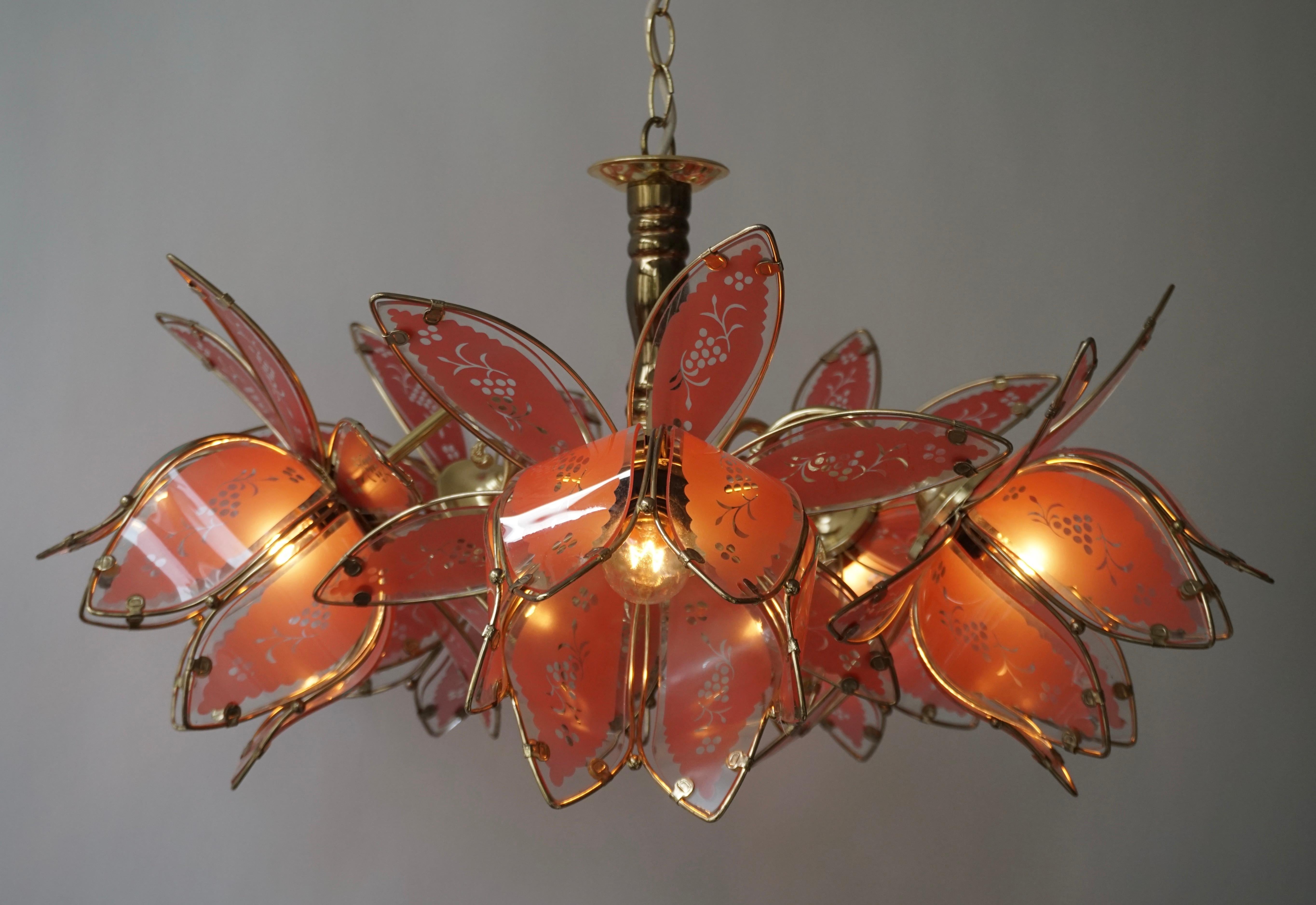 Italian Brass Chandelier with Murano Glass Flowers 9