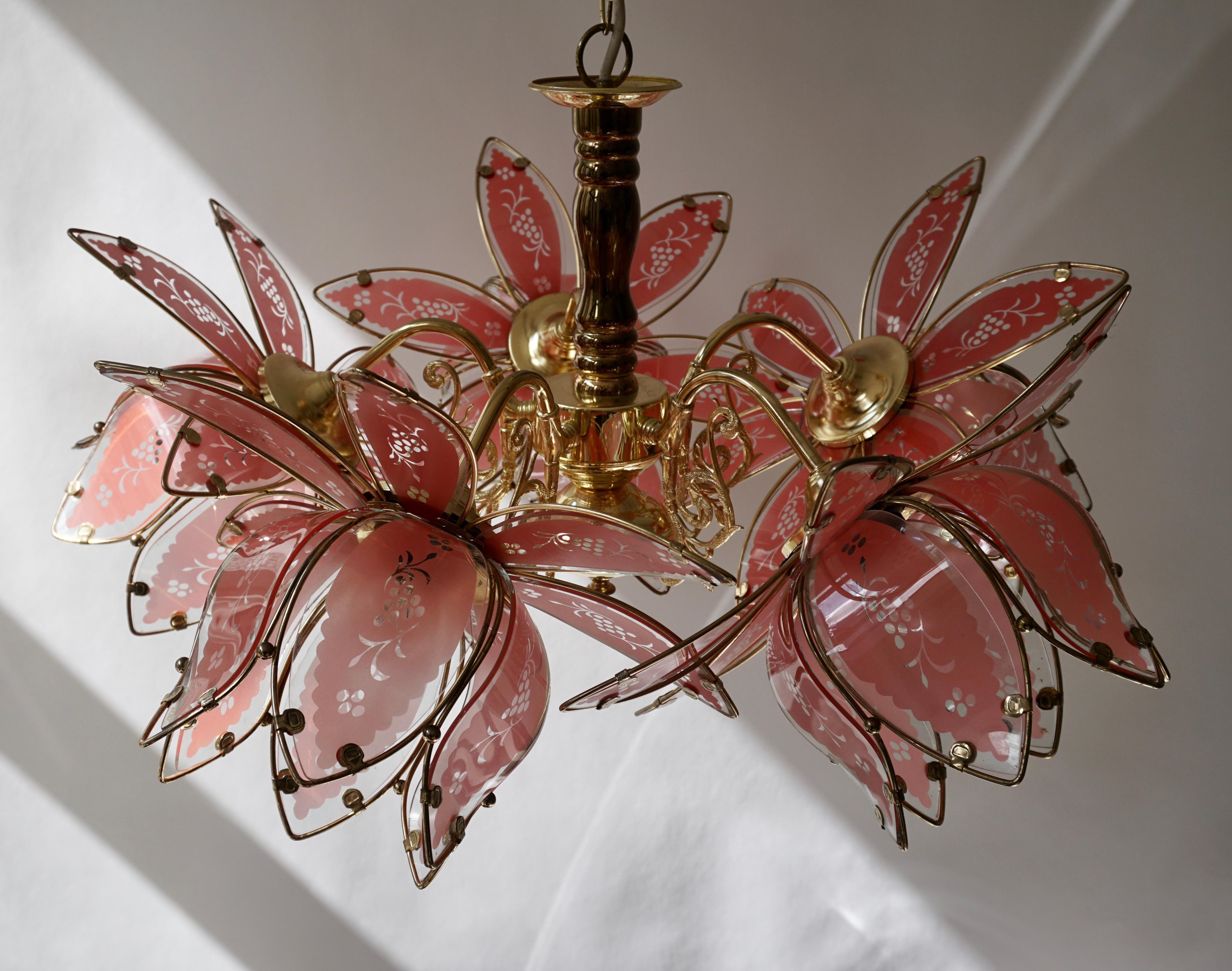 Italian Brass Chandelier with Murano Glass Flowers 10