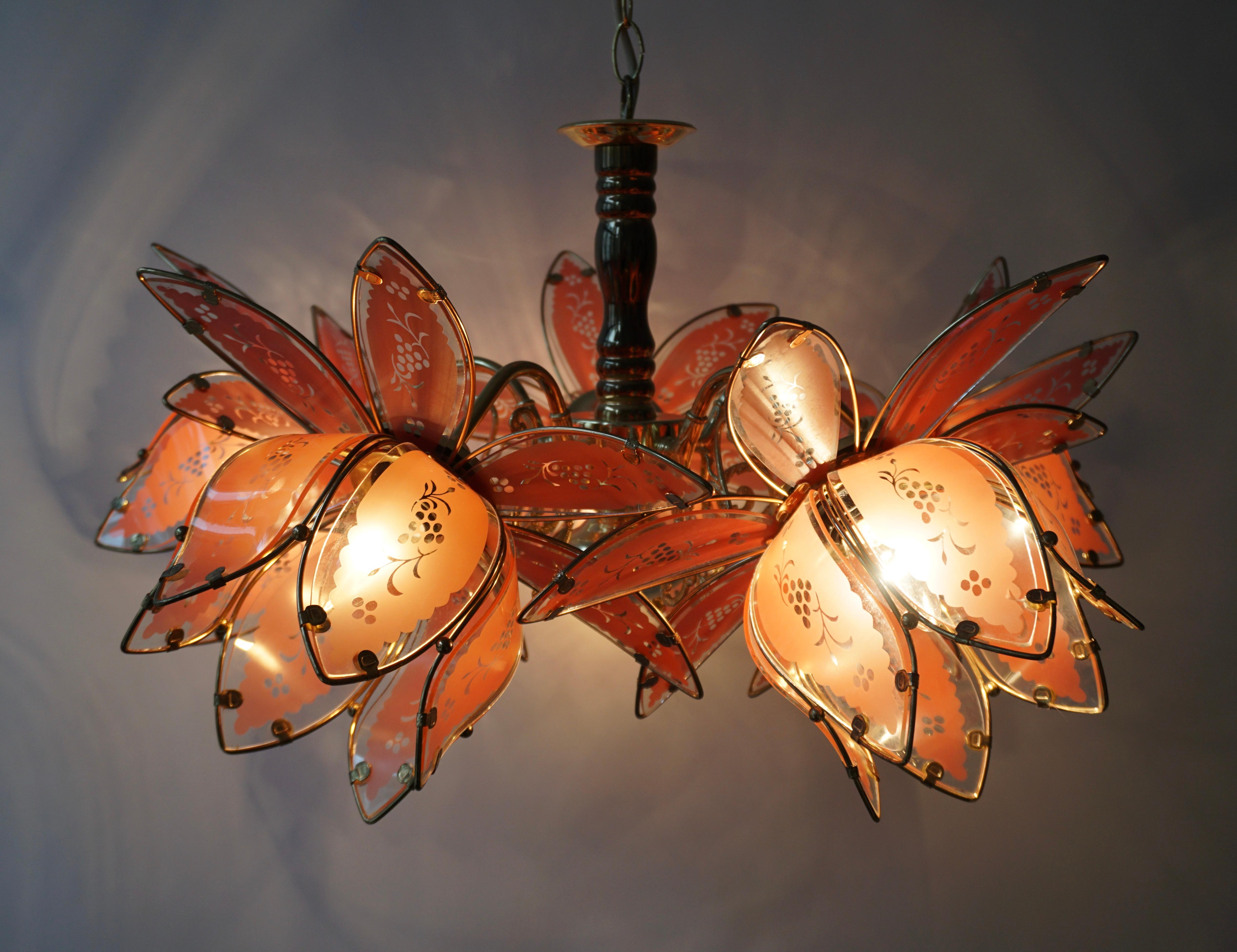 Italian Brass Chandelier with Murano Glass Flowers In Good Condition In Antwerp, BE