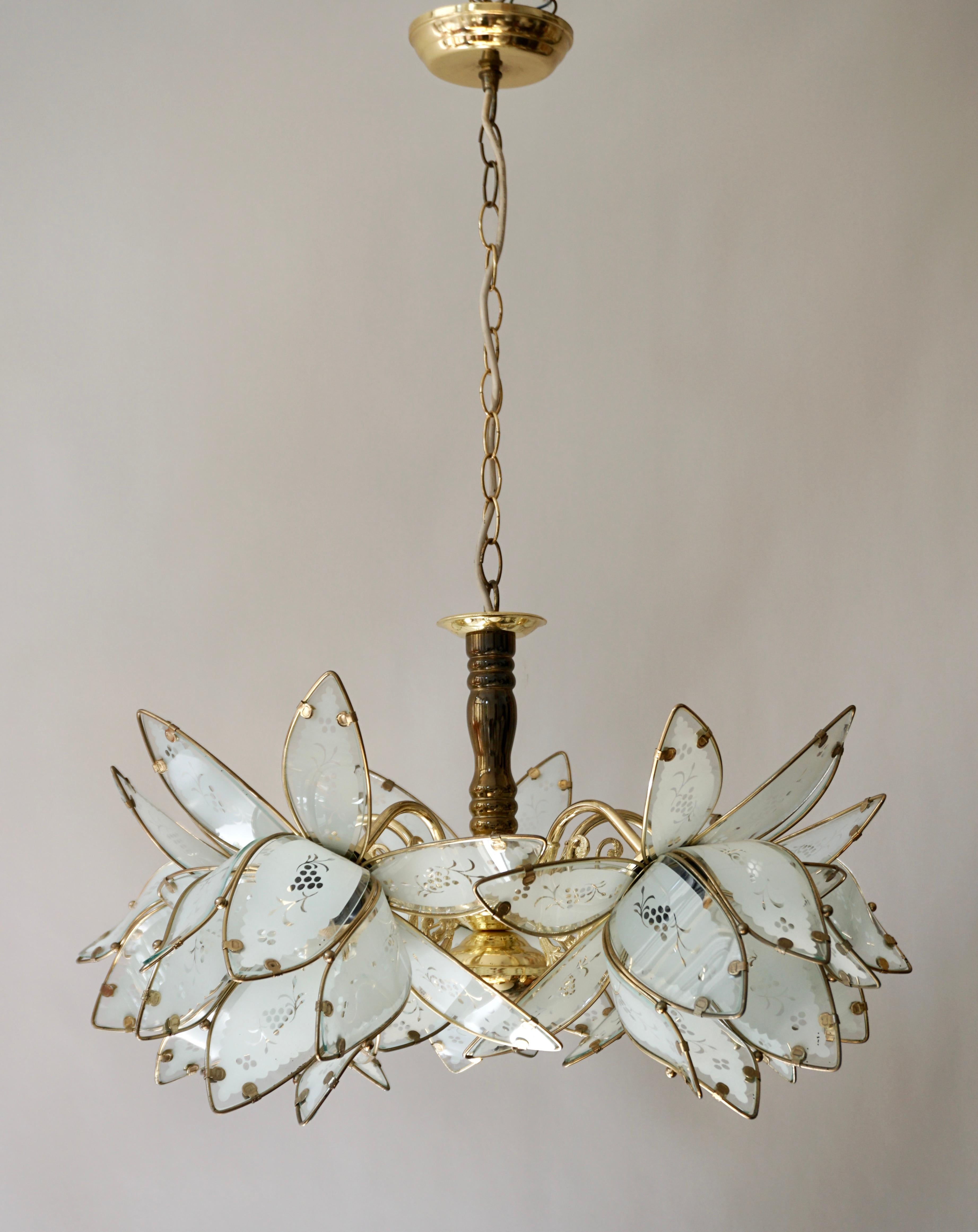 20th Century Five Italian Brass Chandelier with White Murano Glass Flowers For Sale