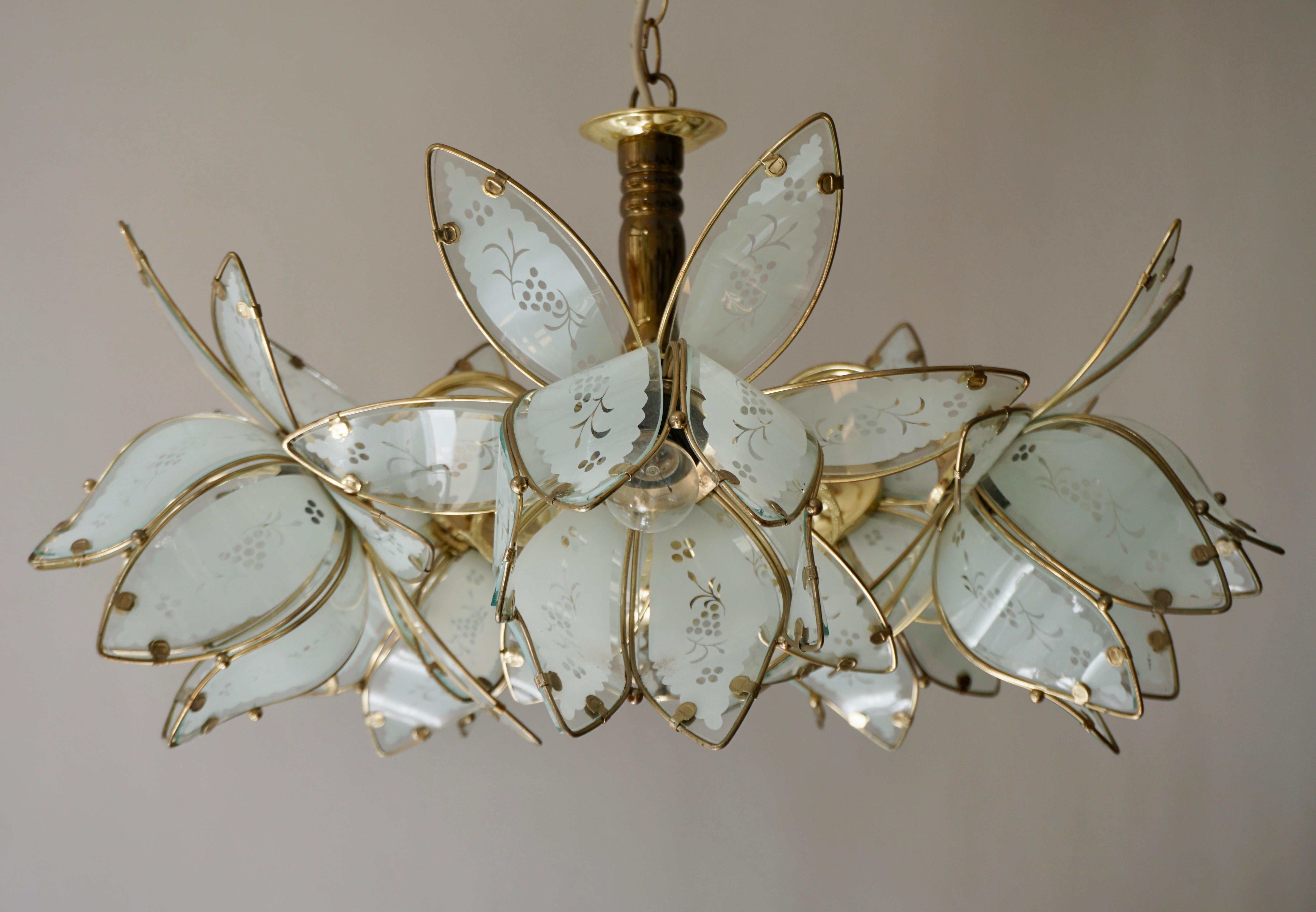Five Italian Brass Chandelier with White Murano Glass Flowers For Sale 1