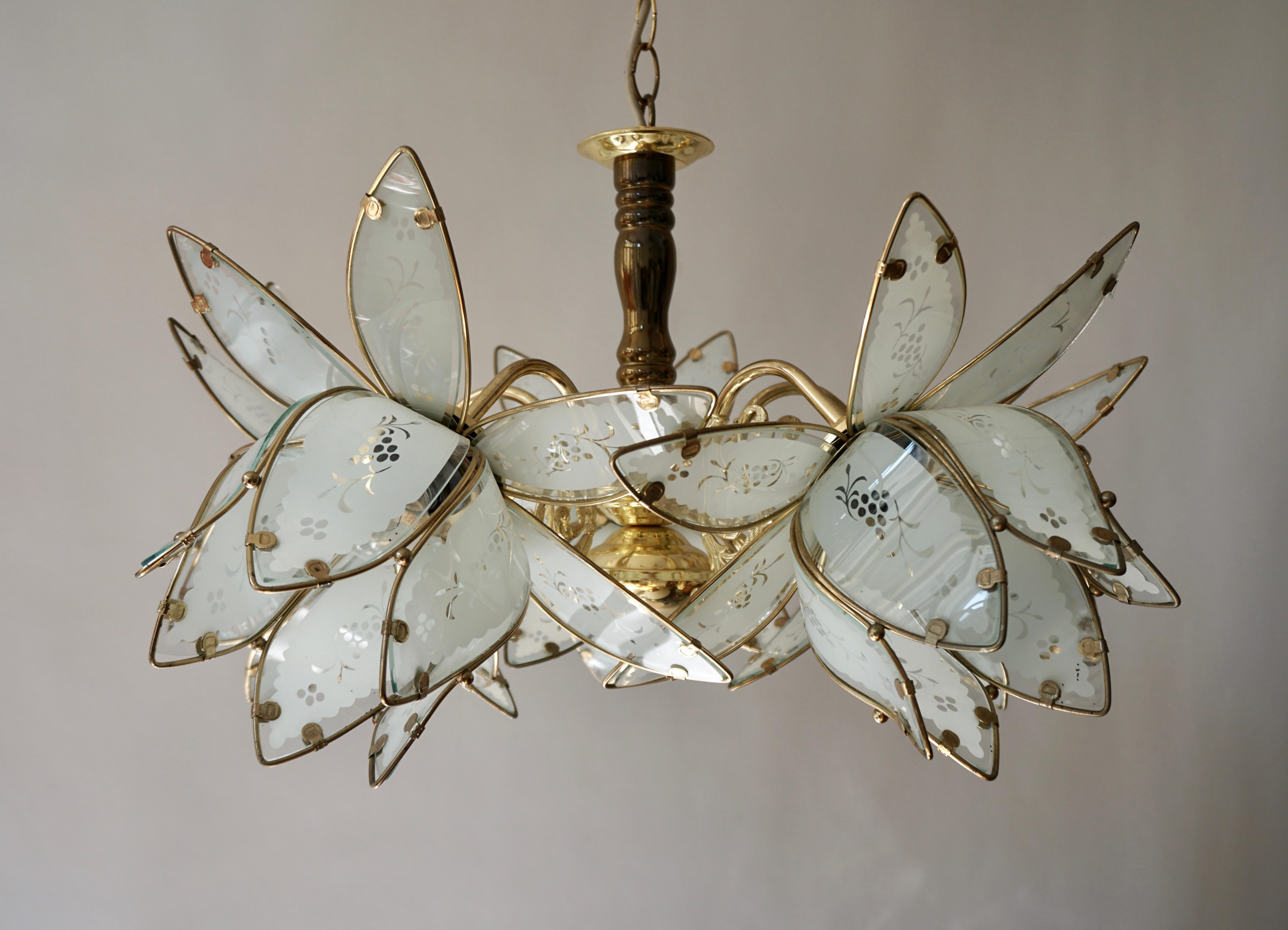Five Italian Brass Chandelier with White Murano Glass Flowers For Sale 2