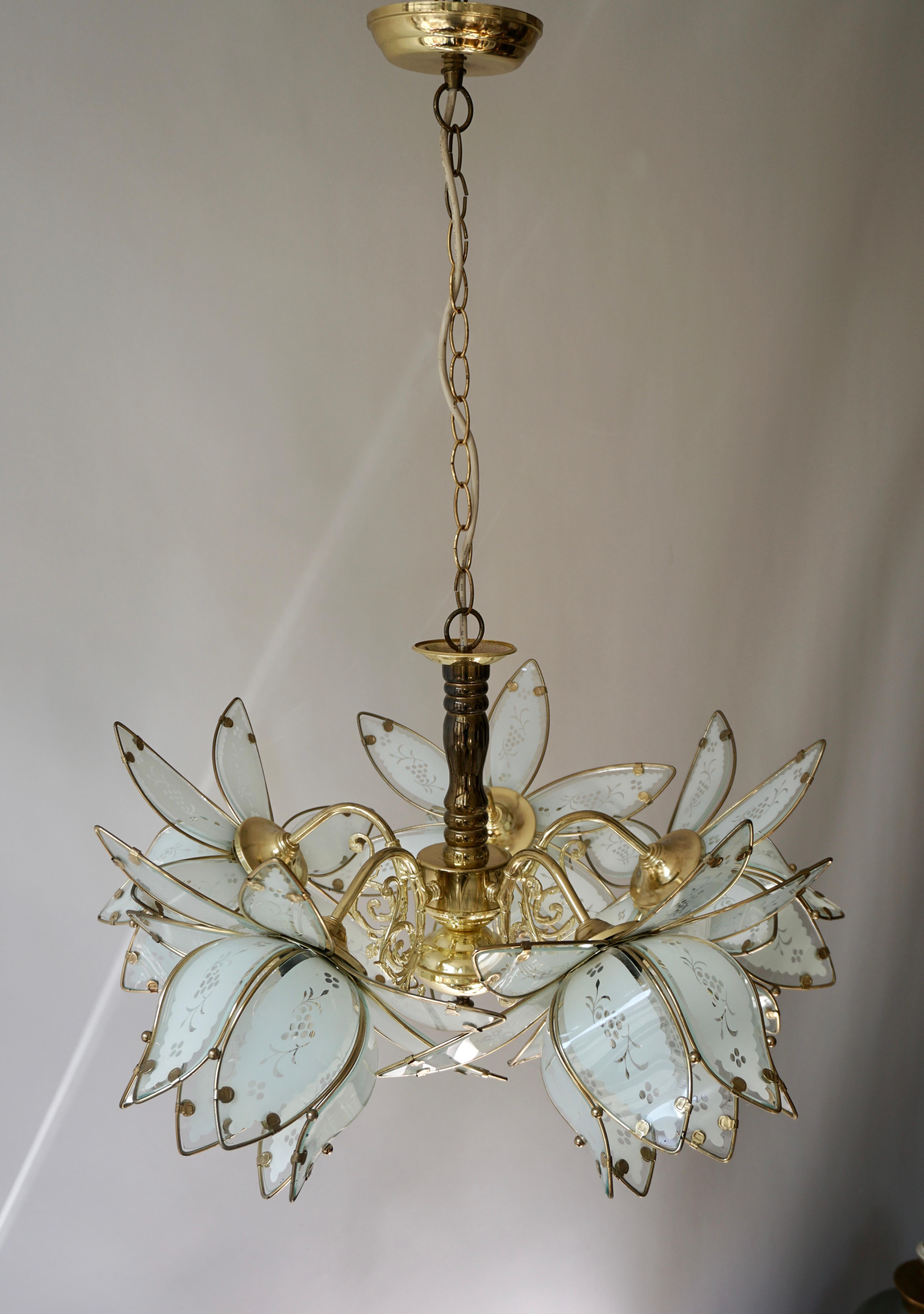 Five Italian Brass Chandelier with White Murano Glass Flowers For Sale 3