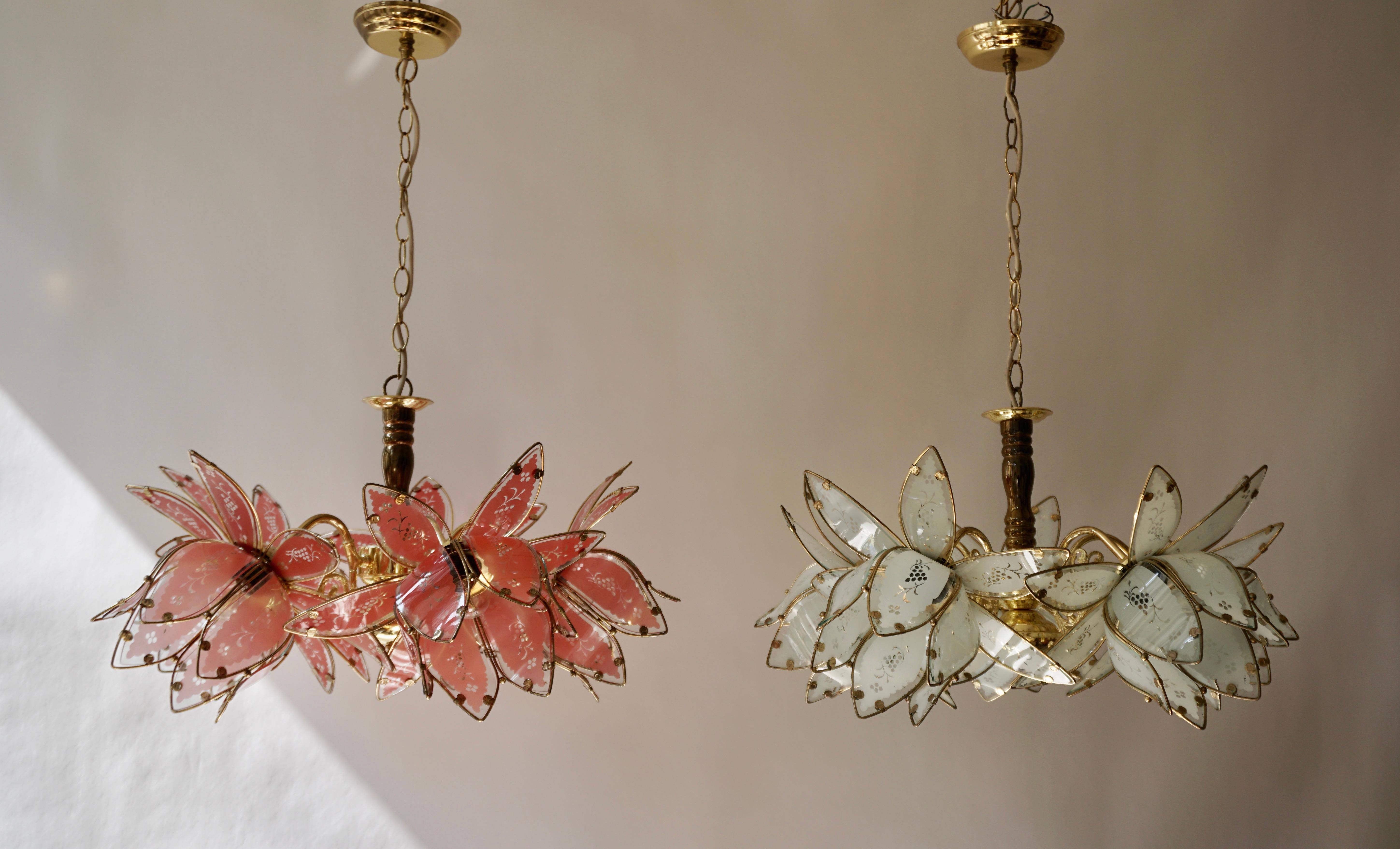 Five Italian Brass Chandelier with White Murano Glass Flowers For Sale 4