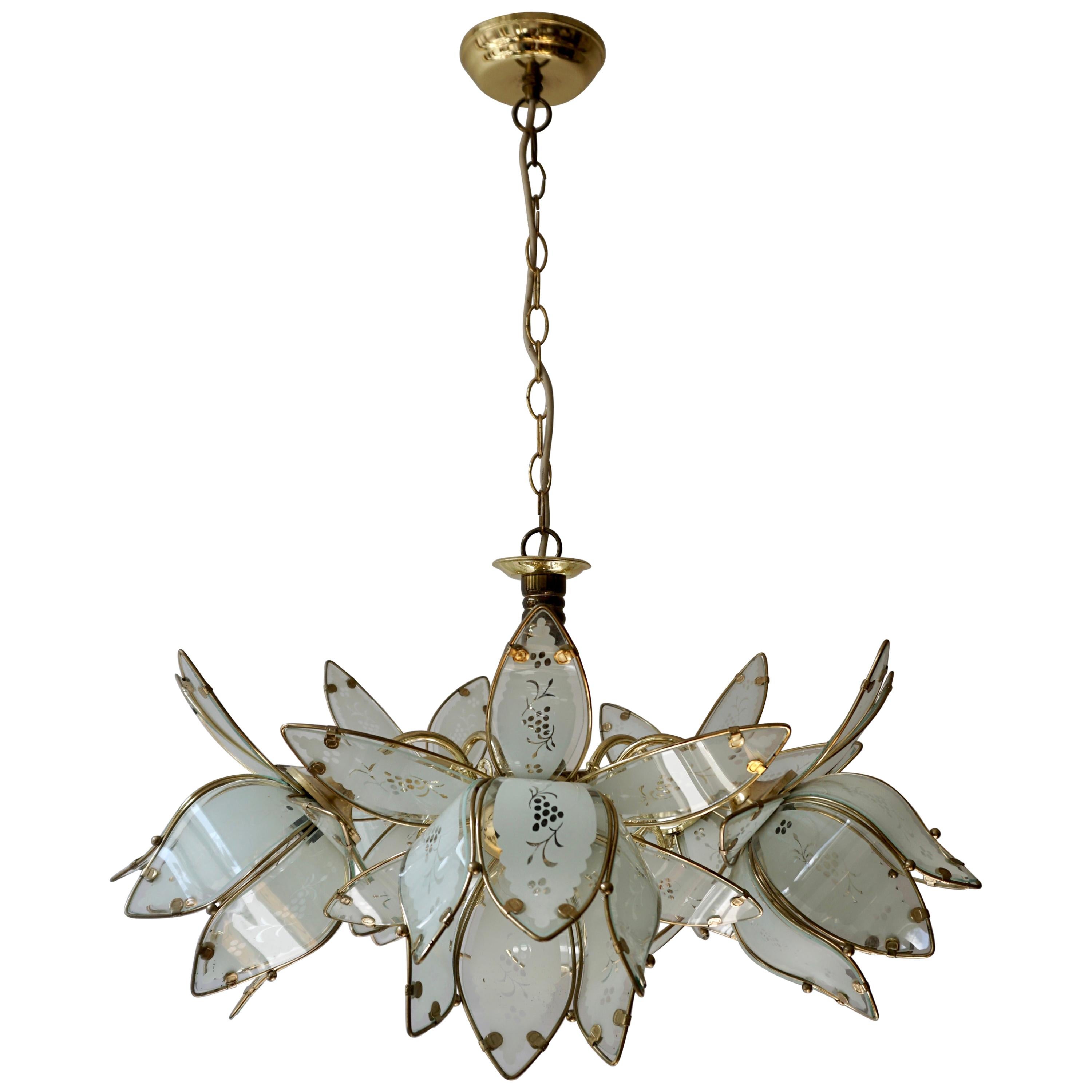 Five Italian Brass Chandelier with White Murano Glass Flowers For Sale