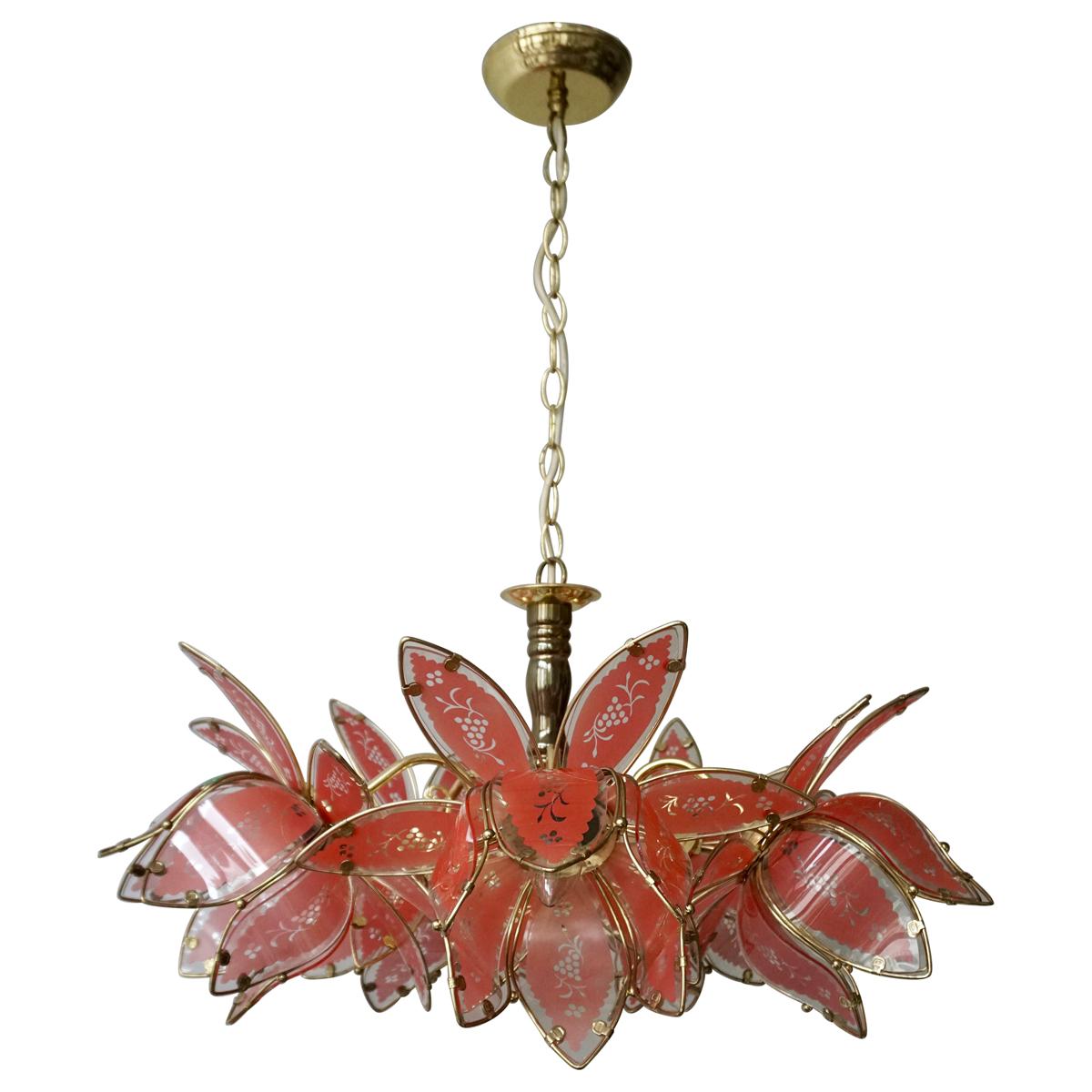 Italian Brass Chandelier with Murano Glass Flowers