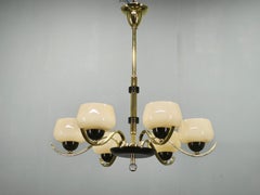 Italian Brass Chandelier with Opaline Glass Shades, 1950s