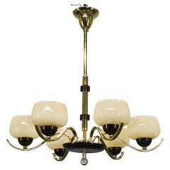 Italian Brass Chandelier with Opaline Glass Shades, 1950s