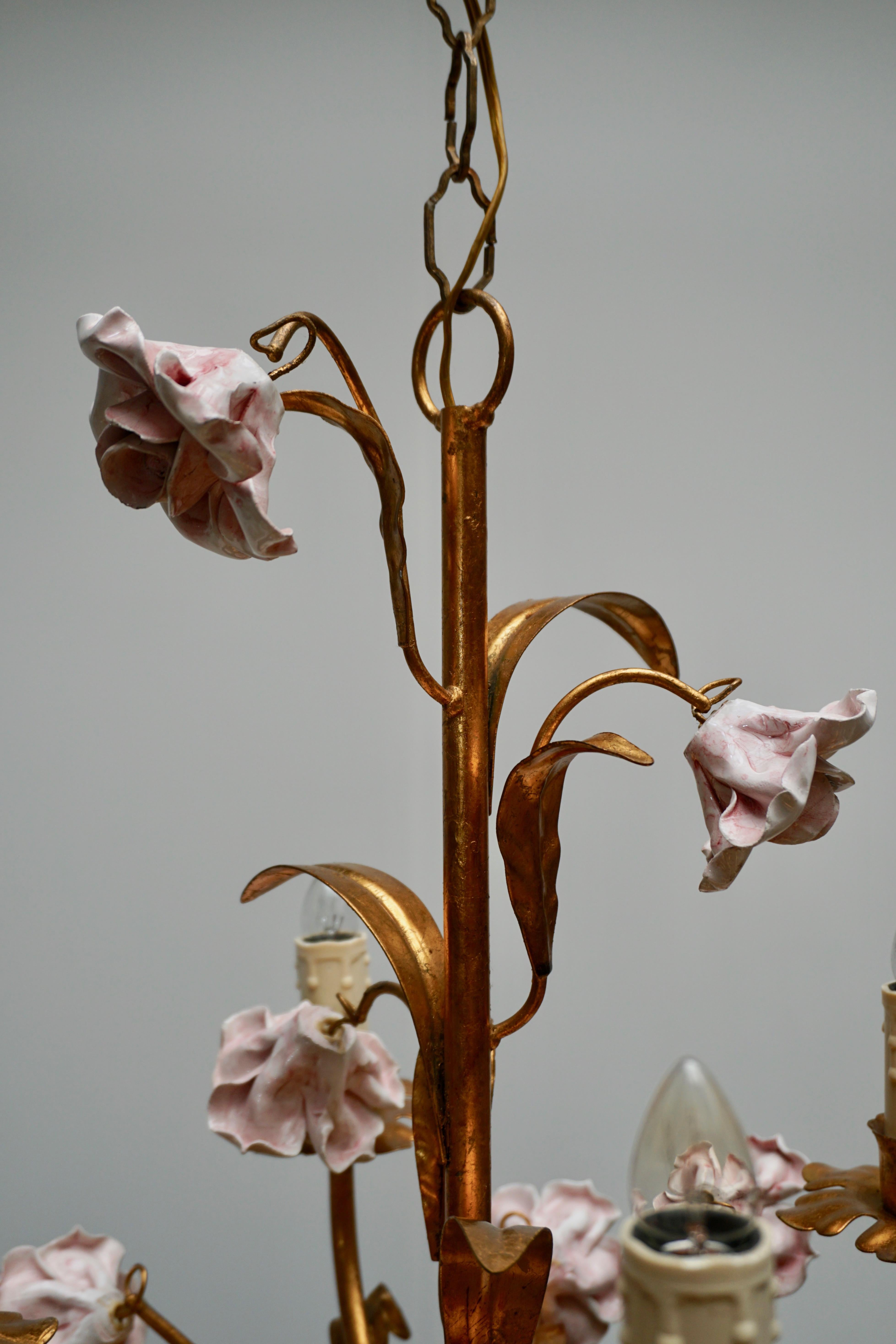 Italian Brass Chandelier with Porcelain Flowers 6