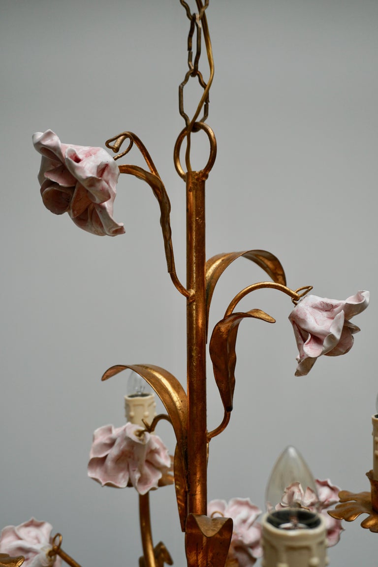 Italian Brass Chandelier with Porcelain Flowers For Sale 7